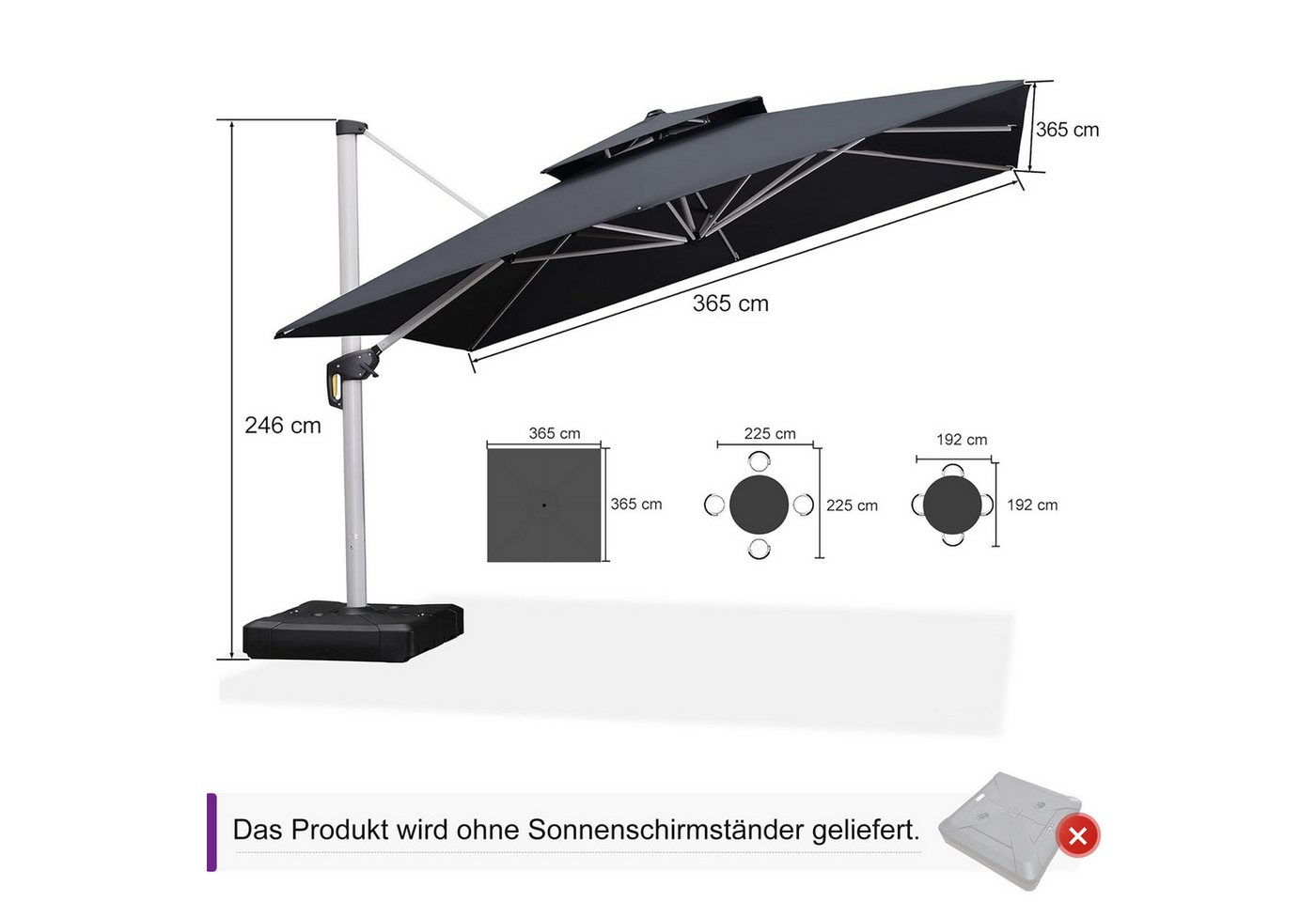 Thumbnail - PURPLE LEAF Ampelschirm Quadratischer Außenbereich Alu Doppelsonnenschirm, Gartenschirm, LxB: 365,00x365,00 cm, Für Balk...