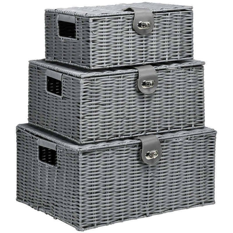 HOMCOM Aufbewahrungskorb 3er-Set, mit Verschluss, Tragegriffen, 35,5 x 28,5 x 18 cm, Grau (Set, 3 St., Aufbewahrungskorb), mit Deckel