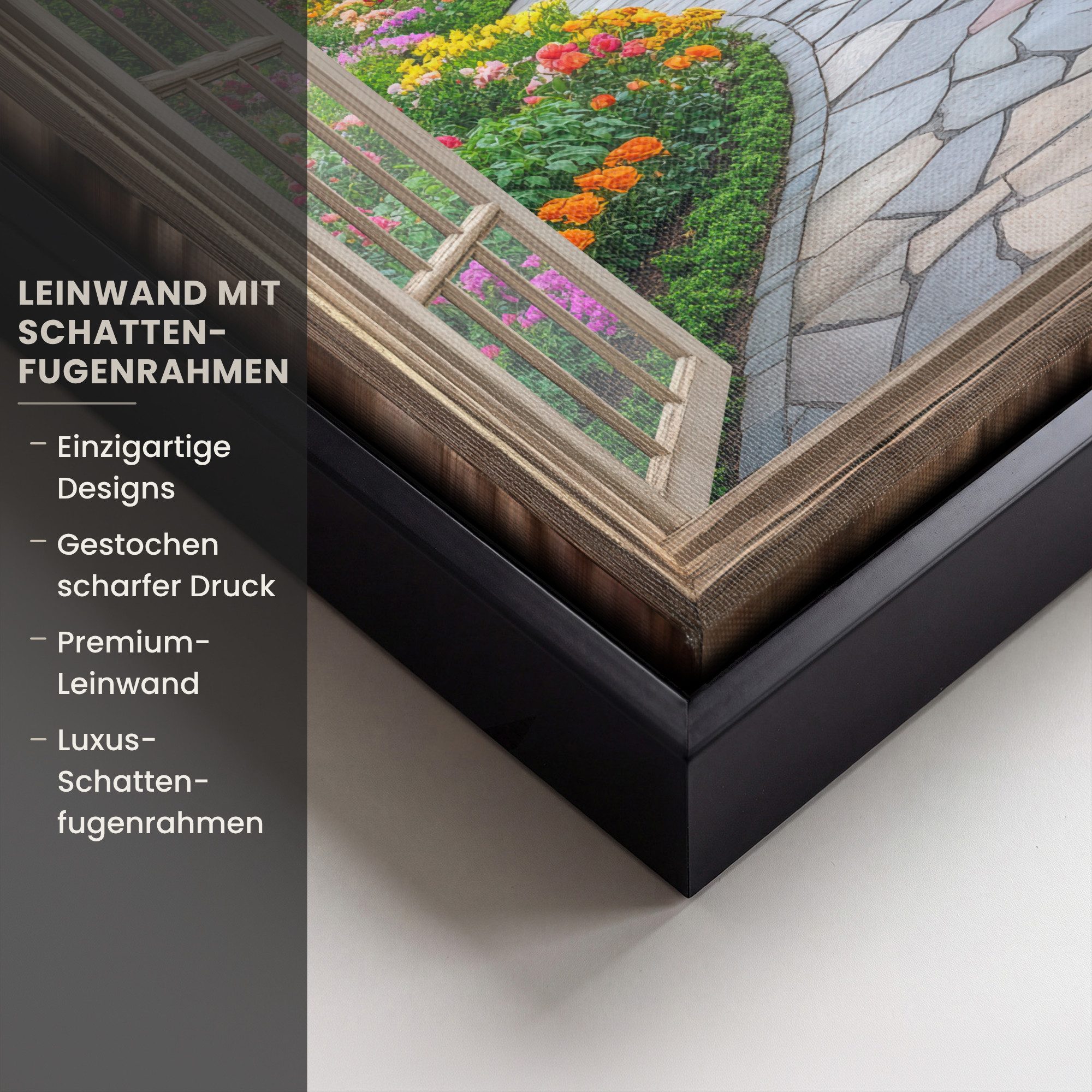 OneMillionCanvasses® Leinwandbild mit Rahmen - Aussicht - Blumen - Gartenweg - Natur - Fenster, Fotodruck (1 St), Leinwand Bilder Klein, Wand Dekoration Aesthetic 20x20cm