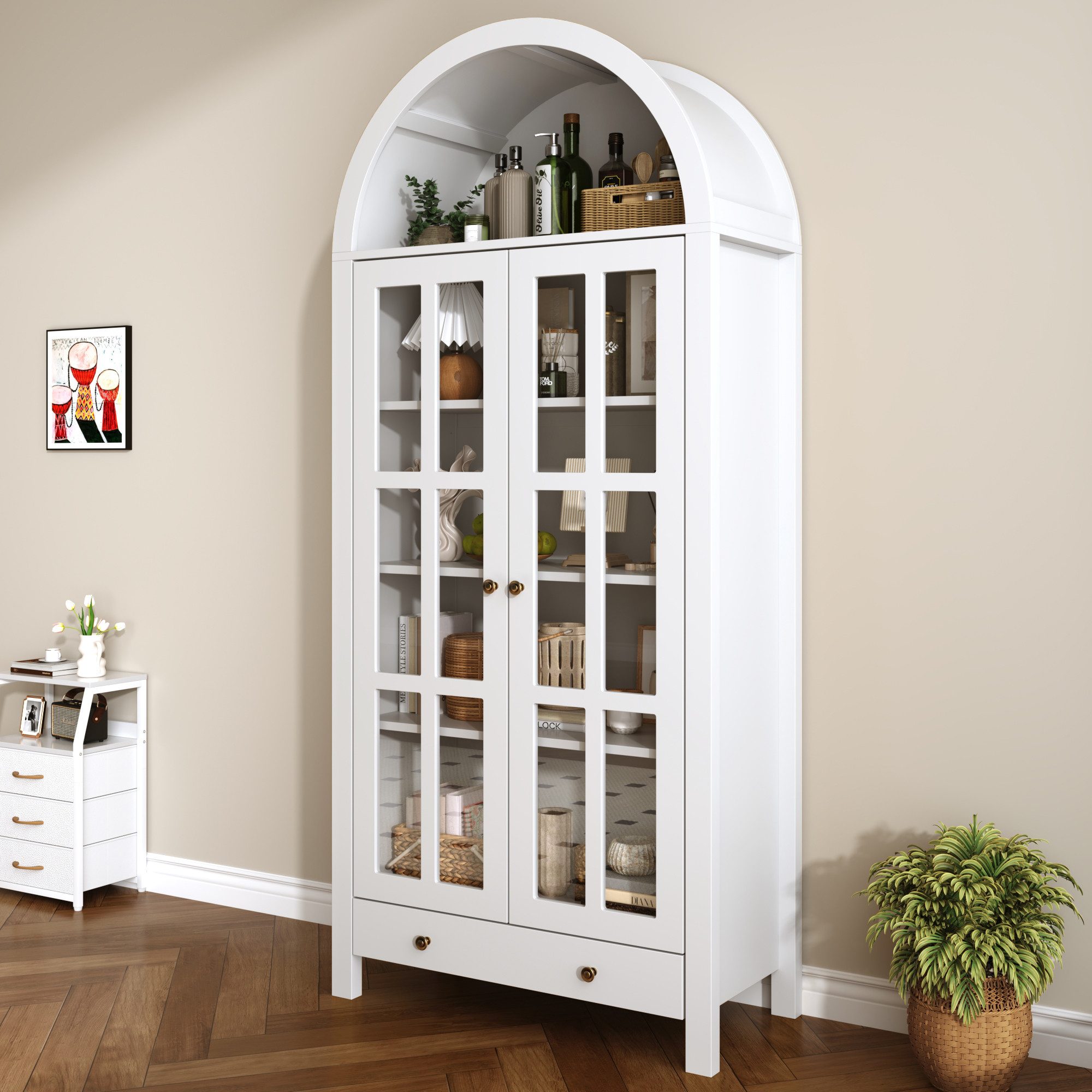 Flieks Hochschrank Bogen-Glasvitrine Mehrzweckschrank mit Acryltüren Landhausstil (Bogenform Vorratsschrank mit verstellbarer Einlegeböden, 1-St., B75/T35/H170, – Bild 5 von 5