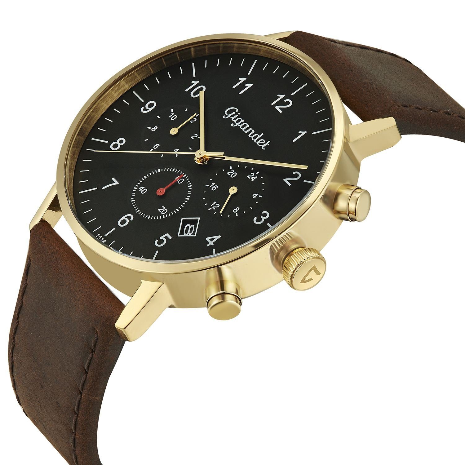 Gigandet Quarzuhr Armbanduhr, Herrenuhr, 24-Std. Anzeige, 42mm, MINIMALISM II G21-002, Mineralglas, 2. Zeitzone, Lederband, 3bar/30m wasserdicht