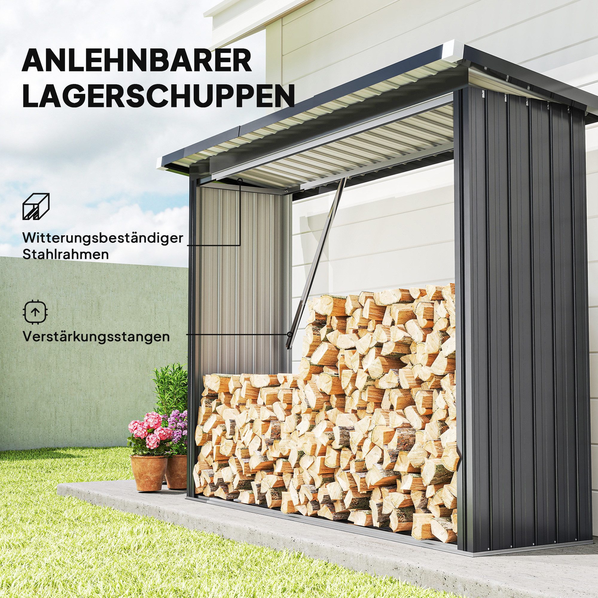Outsunny Kaminholzregal-Erweiterung Brennholzregal mit Pultdach Schnelle Montage Holzlager, BxTxH:213x66.5x150 cm, (Stahlschuppen, 1-St., Feuerholz-Unterstand), – Bild 4 von 5