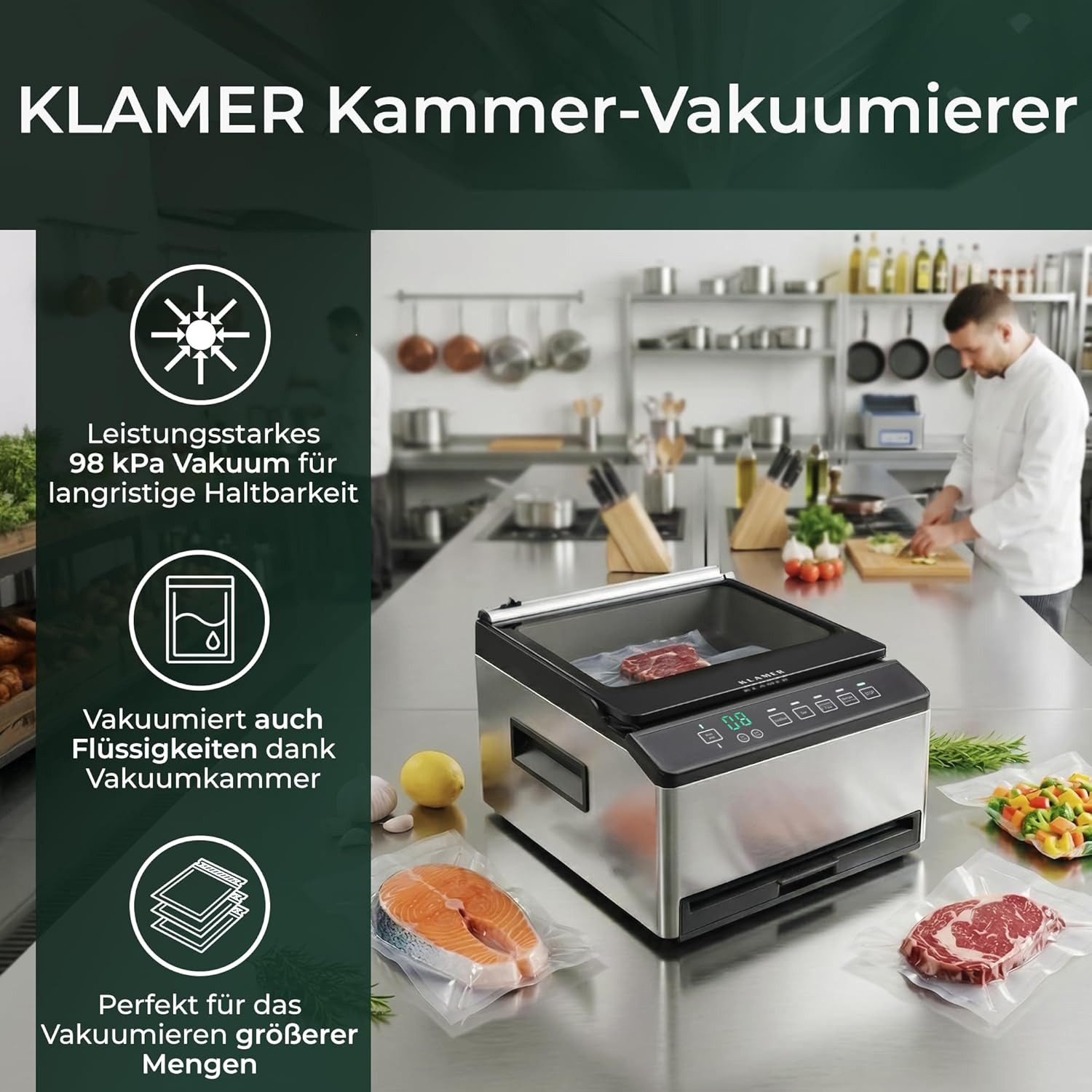 KLAMER Vakuumierer Kammer Edelstahl, 98 kPa Profi Kammervakuumierer, Marinier-Funktion, …, 220W, Marinier-Funktion, Professioneller Kammerunterdruck, 2 Arbeitsbereiche