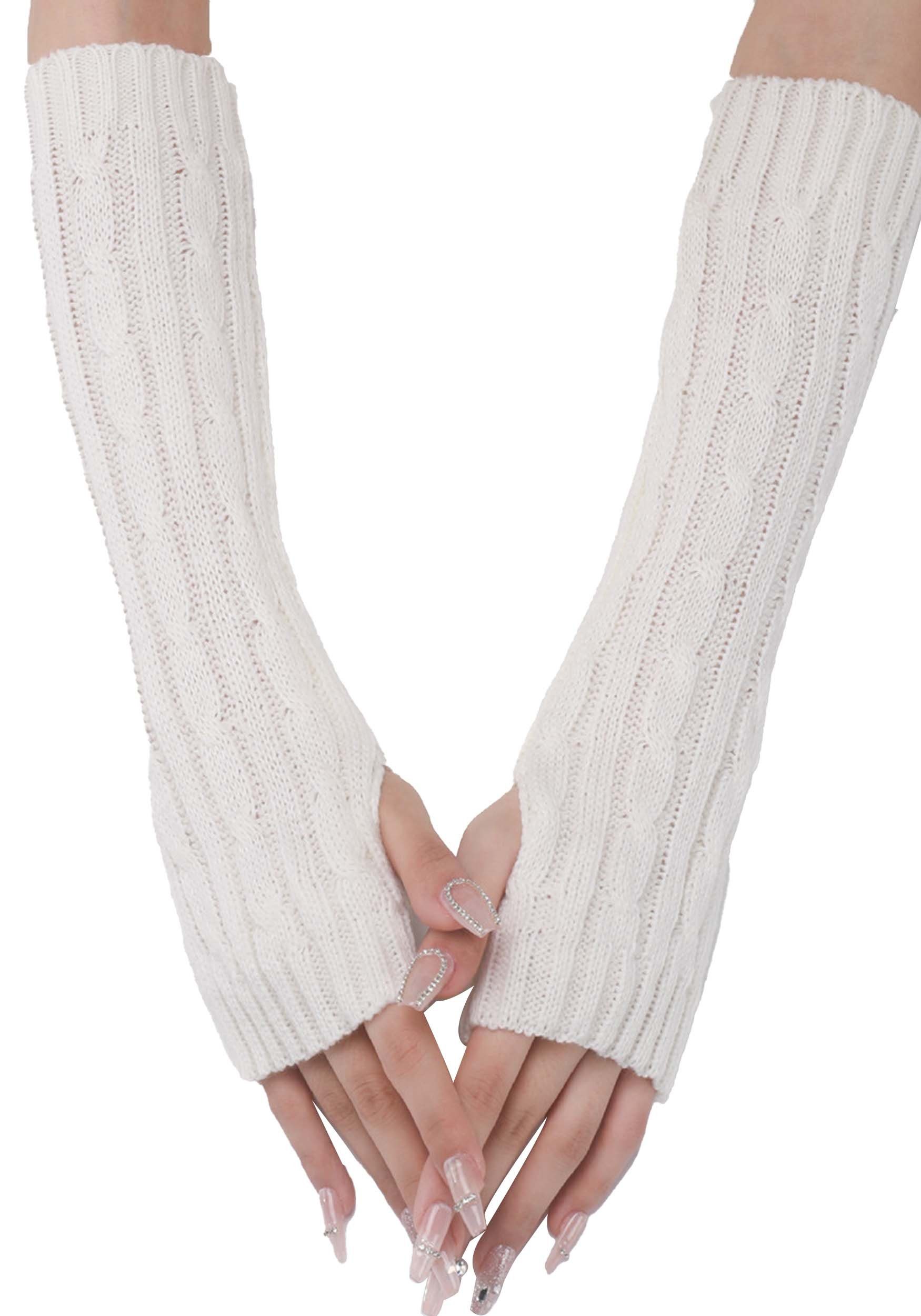 MAGICSHE Strickhandschuhe 2 Paar Fingerlose Stricken Armwärmer Daumenloch Dehnbare Handschuhe Weiß