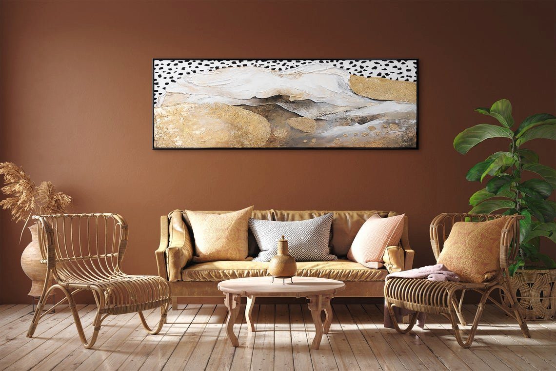 YS-Art Gemälde Kühler Leopardentraum, Leinwand Bild Rahmen mit Strukturiertes Abstraktes Handgemalt