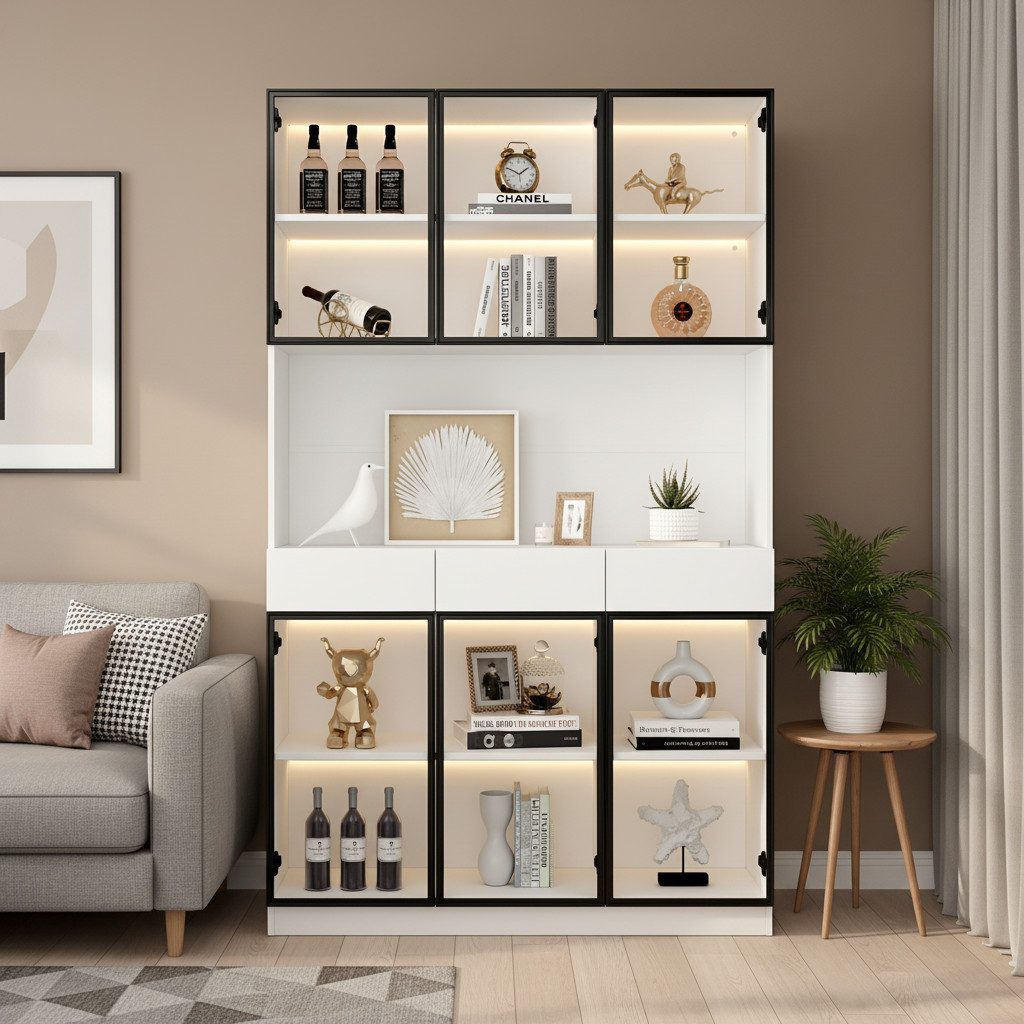 kowdom Glasvitrine Glasvitrine mit LED, 200cm Hochschrank, Vitrinenschrank Weiß