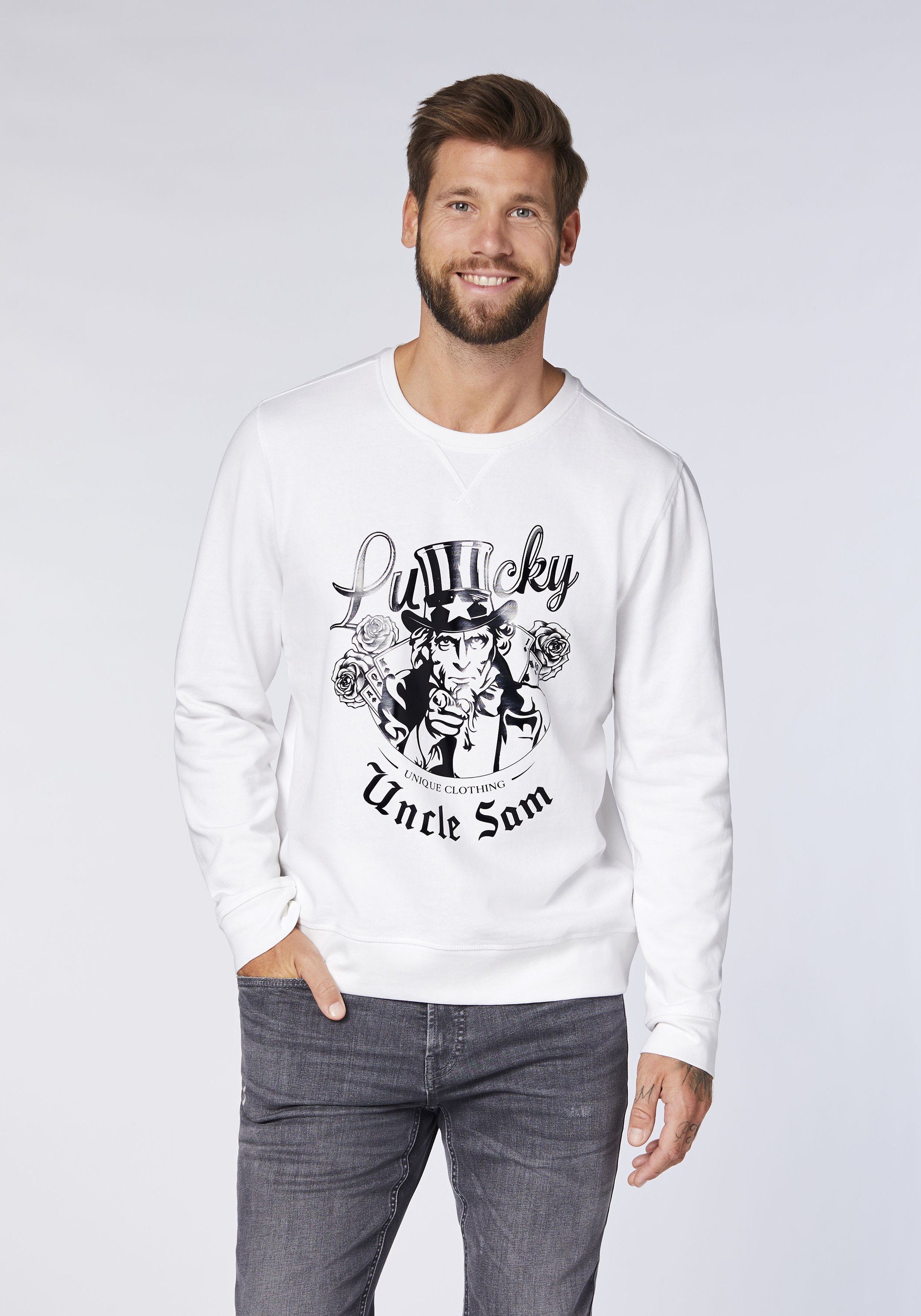 Bright White Sam Sweatshirt mit Uncle Sam Frontprint Uncle 11-0601