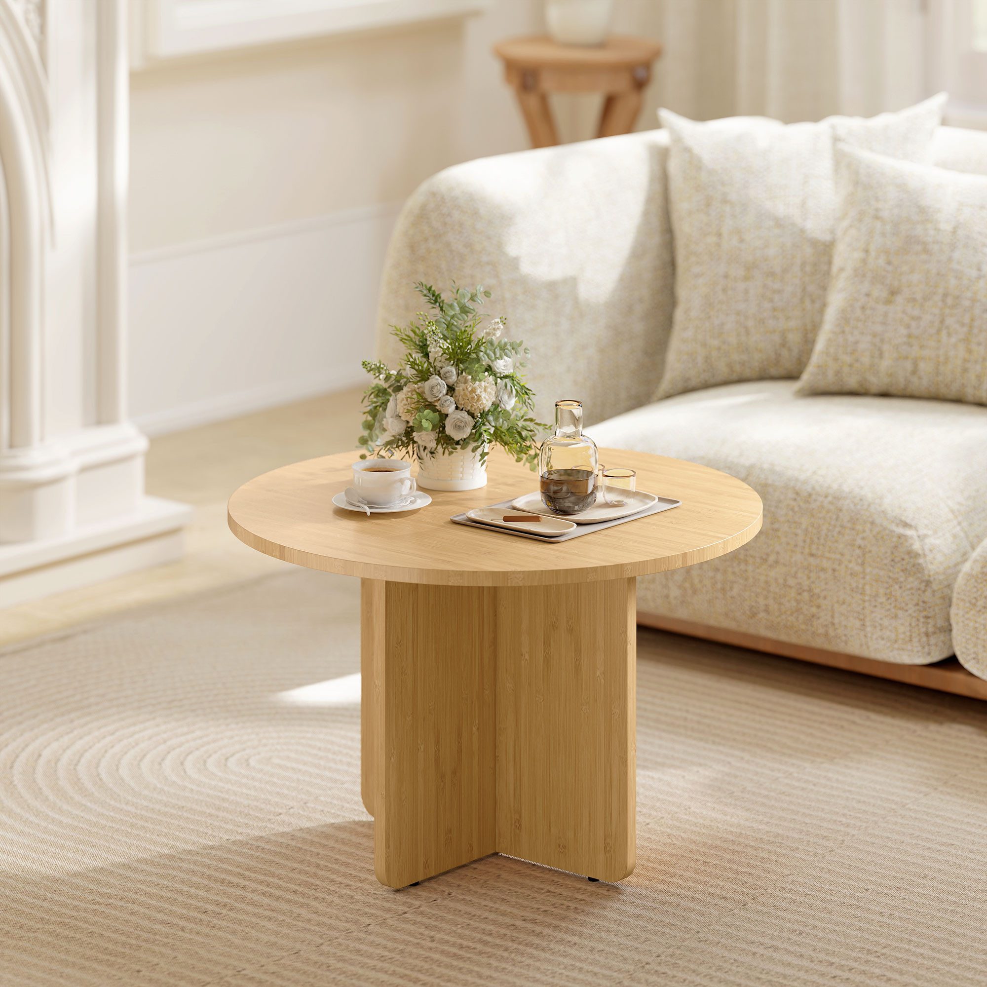 HOMCOM Couchtisch Wohnzimmertisch Rund Ø66 cm aus Bambus Beistelltisch (Beistelltisch, 1-St., Kaffeetisch), bis 120 kg Belastbar für Wohnzimmer, Schlafzimmer, Natur