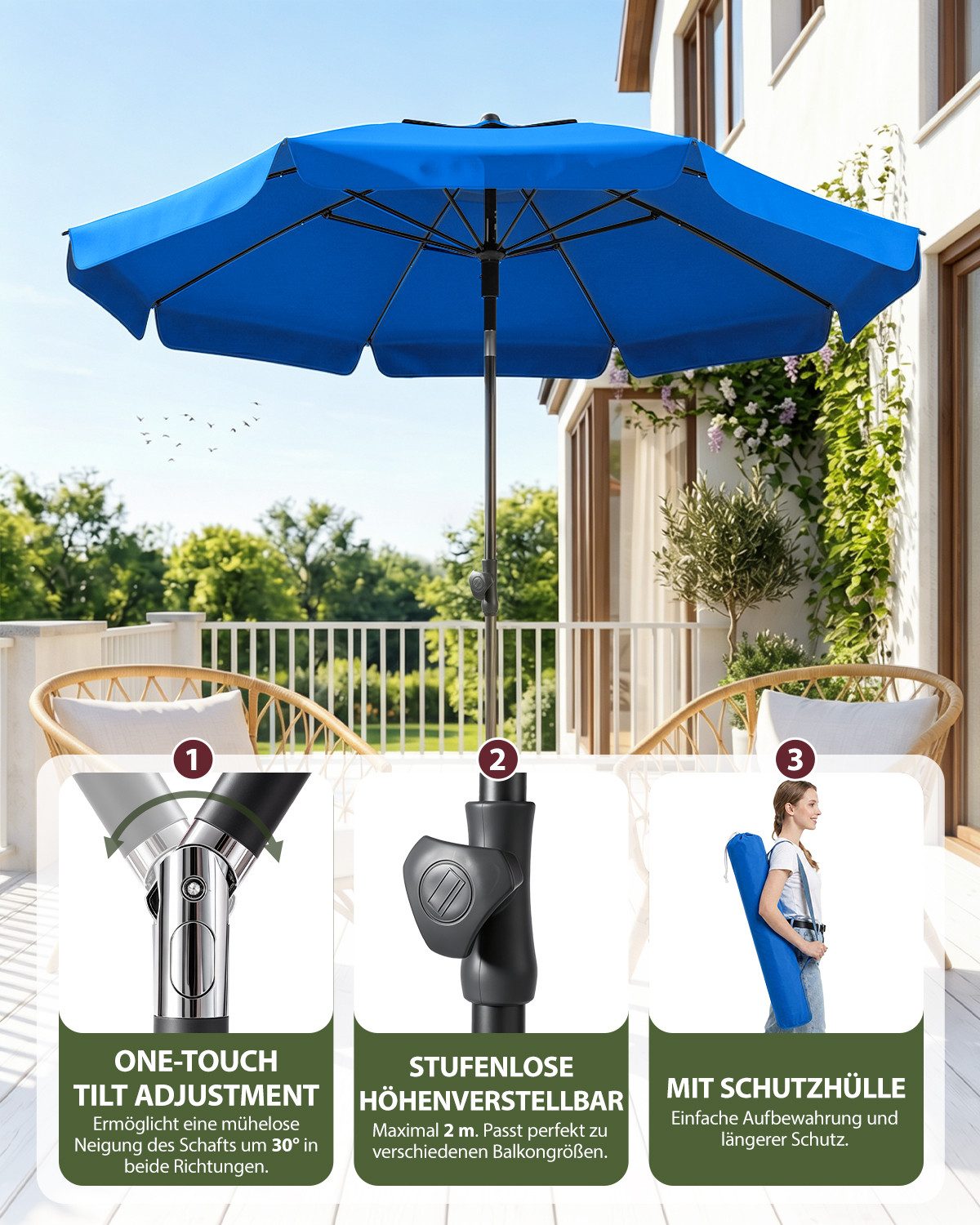 SUNULA Sonnenschirm 180 cm Balkon Balkonschirm mit Schutzhülle Gartenschirm mit Knickbar, Gartenschirm Höhenverstellbarem, UPF 50+ UV-Schutz