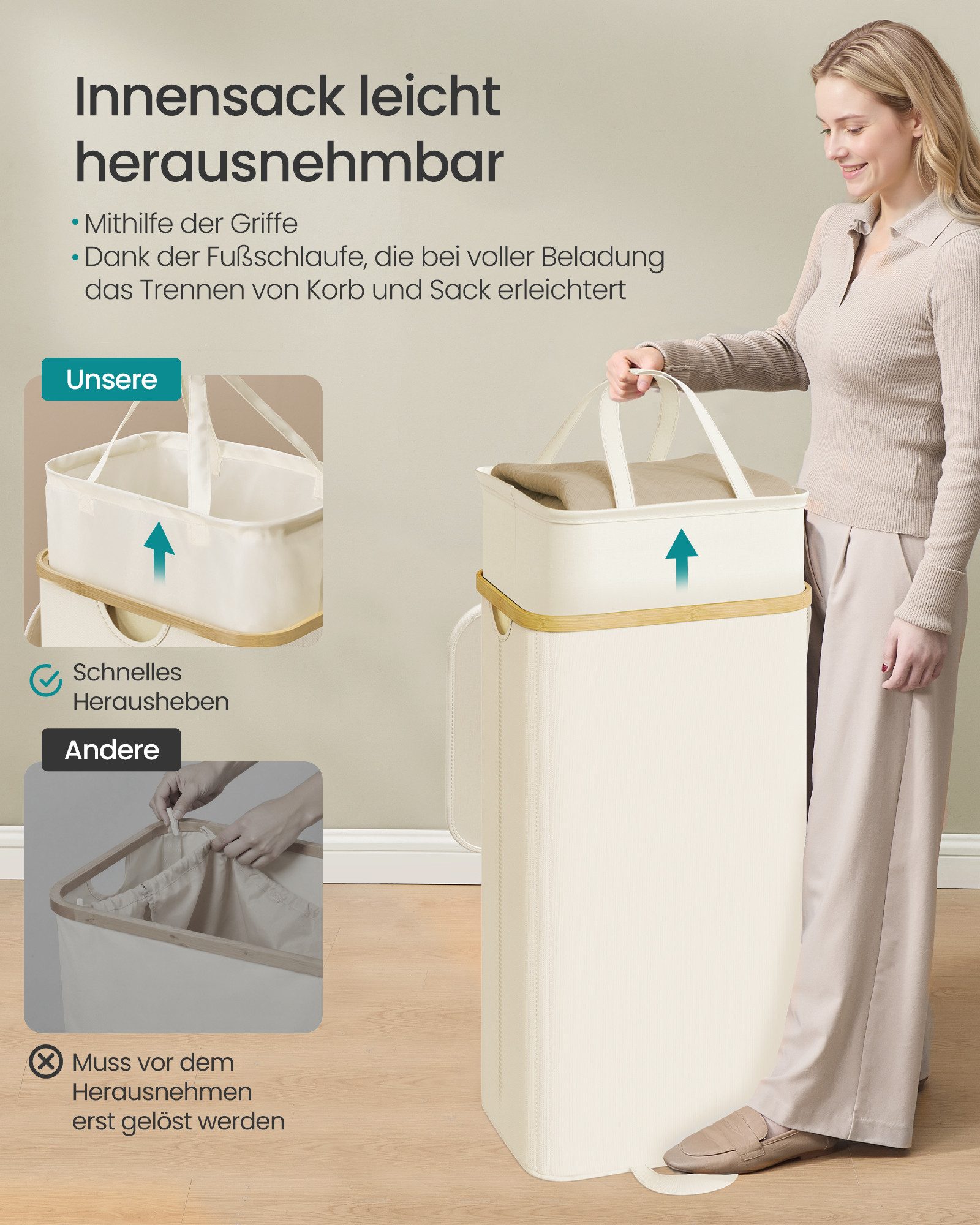 SONGMICS Wäschekorb Wäschekorb mit Deckel, mit herausnehmbarem Wäschesack, Bambusrahmen, 100/150/170 L, 1/2/3 Fächer