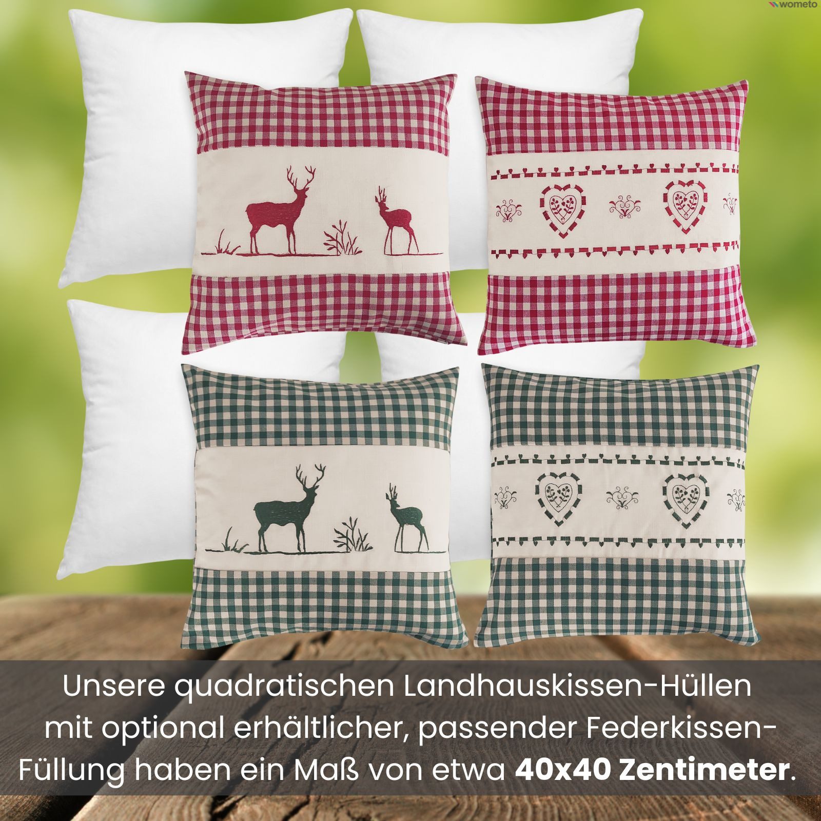 wometo Kissenbezug Landhaus Karo mit Stickerei Herz oder Hirsch, 40x40 cm, OEKO-TEX®, Karo, Herz- & Hirsch-Stickmotiv, Leinen-Look – Bild 4 von 5