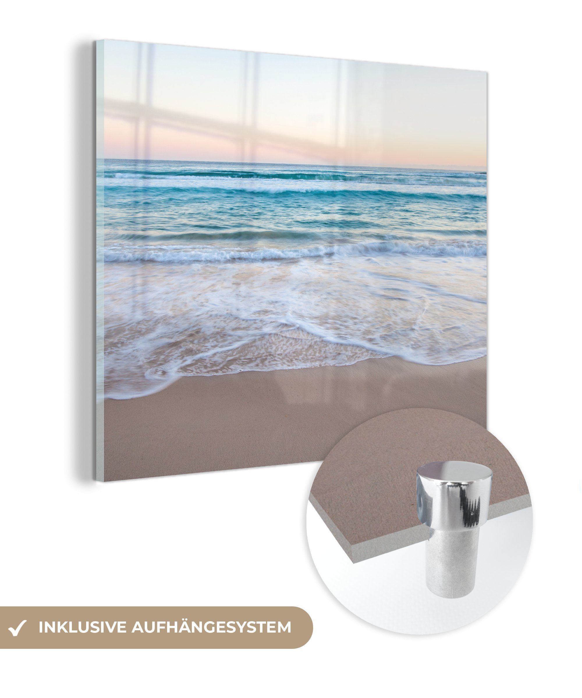 MuchoWow Acrylglasbild Strand - Meer - Pastell, (1 St), Glasbilder - Bilder auf Glas Wandbild - Foto auf Glas - Wanddekoration