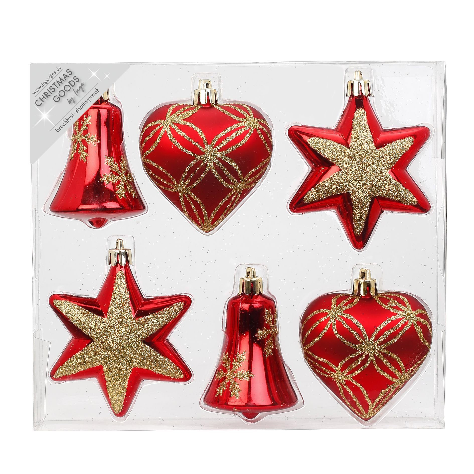 MAGIC by Inge Christbaumschmuck, Weihnachtskugeln Formen dekoriert Kunststoff 9cm 6er Set - Rot / Gold