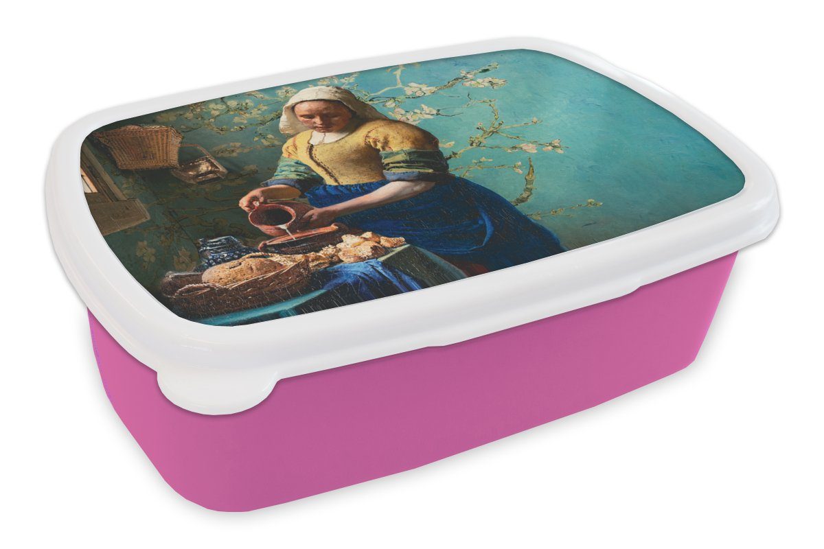 MuchoWow Lunchbox Milchmädchen - Mandelblüte - Van Gogh - Vermeer - Gemälde - Alte, Kunststoff, (2-tlg), Brotbox für Erwachsene, Brotdose Kinder, Snackbox, Mädchen, Kunststoff rosa