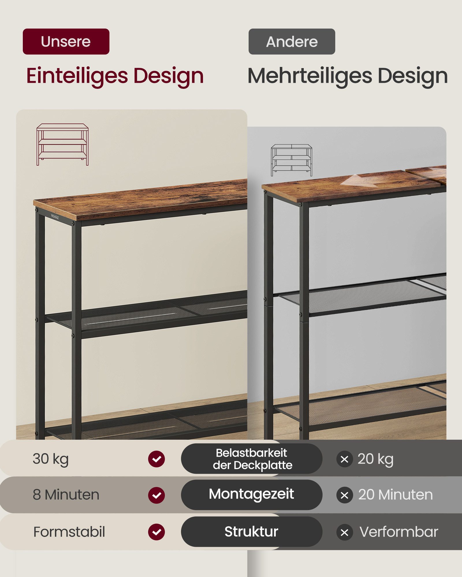 VASAGLE Konsolentisch Flurtisch, einteilige Tischplatte, einfache Montage,schmaler Sofatisch, für Flur, Schlafzimmer, Wohnzimmer, 20/24 x 80 x 81,2 cm