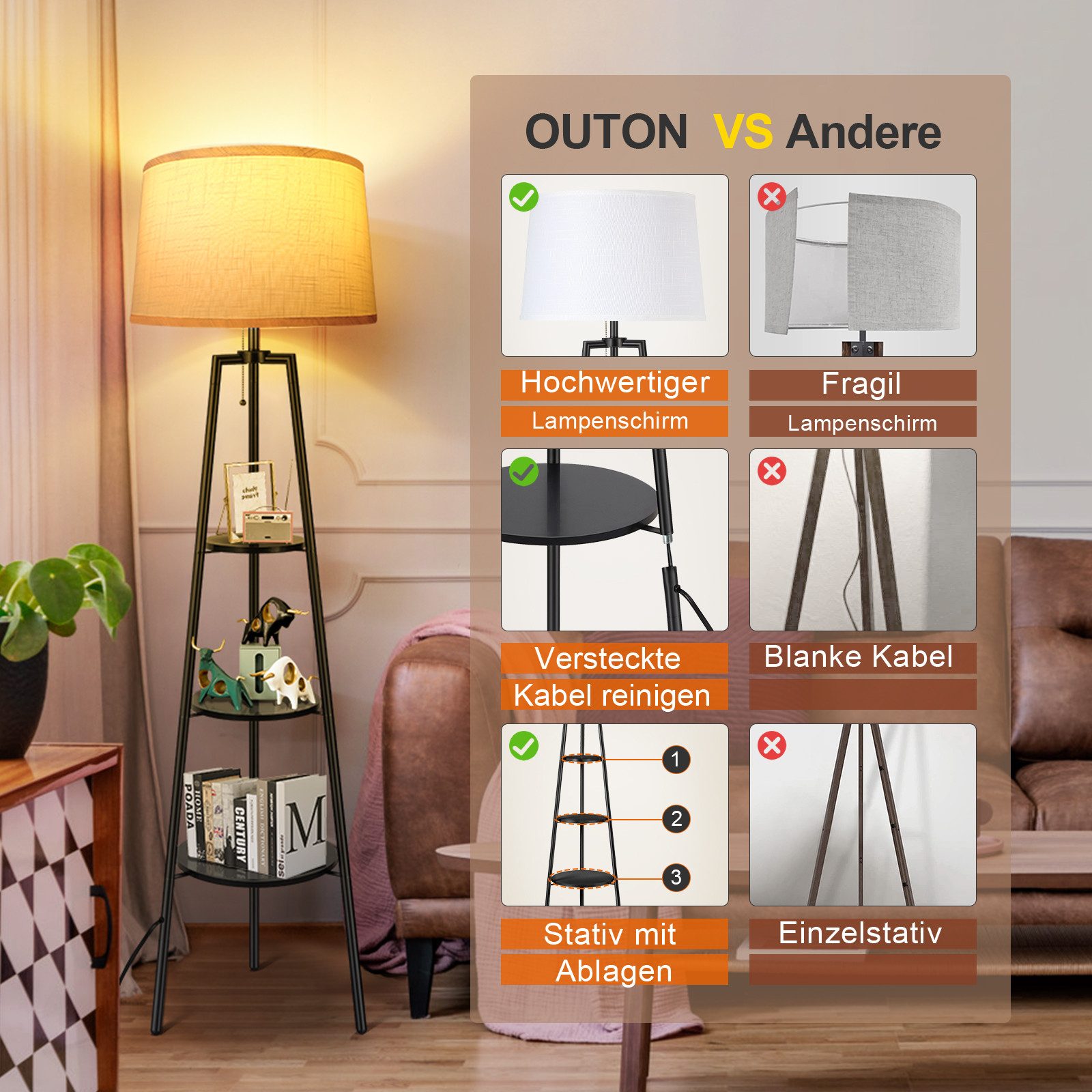 OUTON LED Stehlampe Stativ-Stehleuchte, Fernbedienung, 3 Farbtemperaturen, 3 Ablagen, LED wechselbar, für Wohnzimmer, Leseecken, Schlafzimmer oder jeden Raum