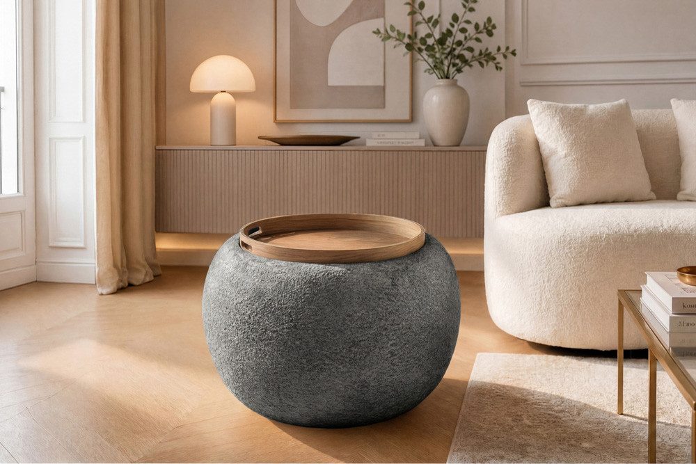 riess-ambiente Couchtisch ORBIT 50cm grau - Bouclé, mit Tablett & Stauraum, Schaumstoff, rund (Einzelartikel), Scandi Beistelltisch - ideal für Wohn- und Esszimmer oder TV-Ecke
