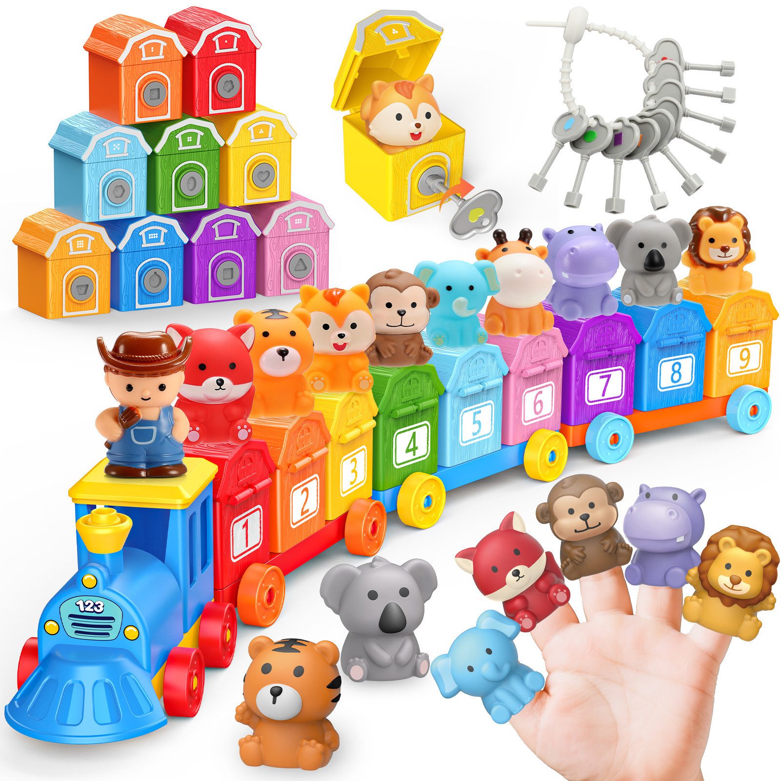 Wootoy Lernspielzeug Dinosaurier-Zug Spiel Zahlen Schlüsseln Sortierspiel Montessori-Spiel (mit Zahlen 1–9 für spielerisches Lernen von Zahlen und Mengen, 1-St., Modularer Zug mit variabel kombinierbaren Waggons), Farben- und Sortierspiel für Wahrnehmung