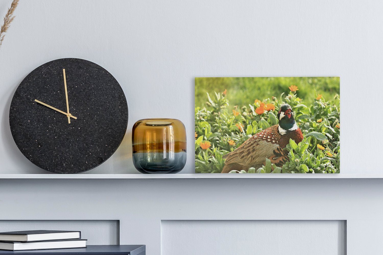 OneMillionCanvasses® Leinwandbild Blume - - Wanddeko, Aufhängefertig, 30x20 Wandbild Vogel Leinwandbilder, (1 Fasan, St), cm