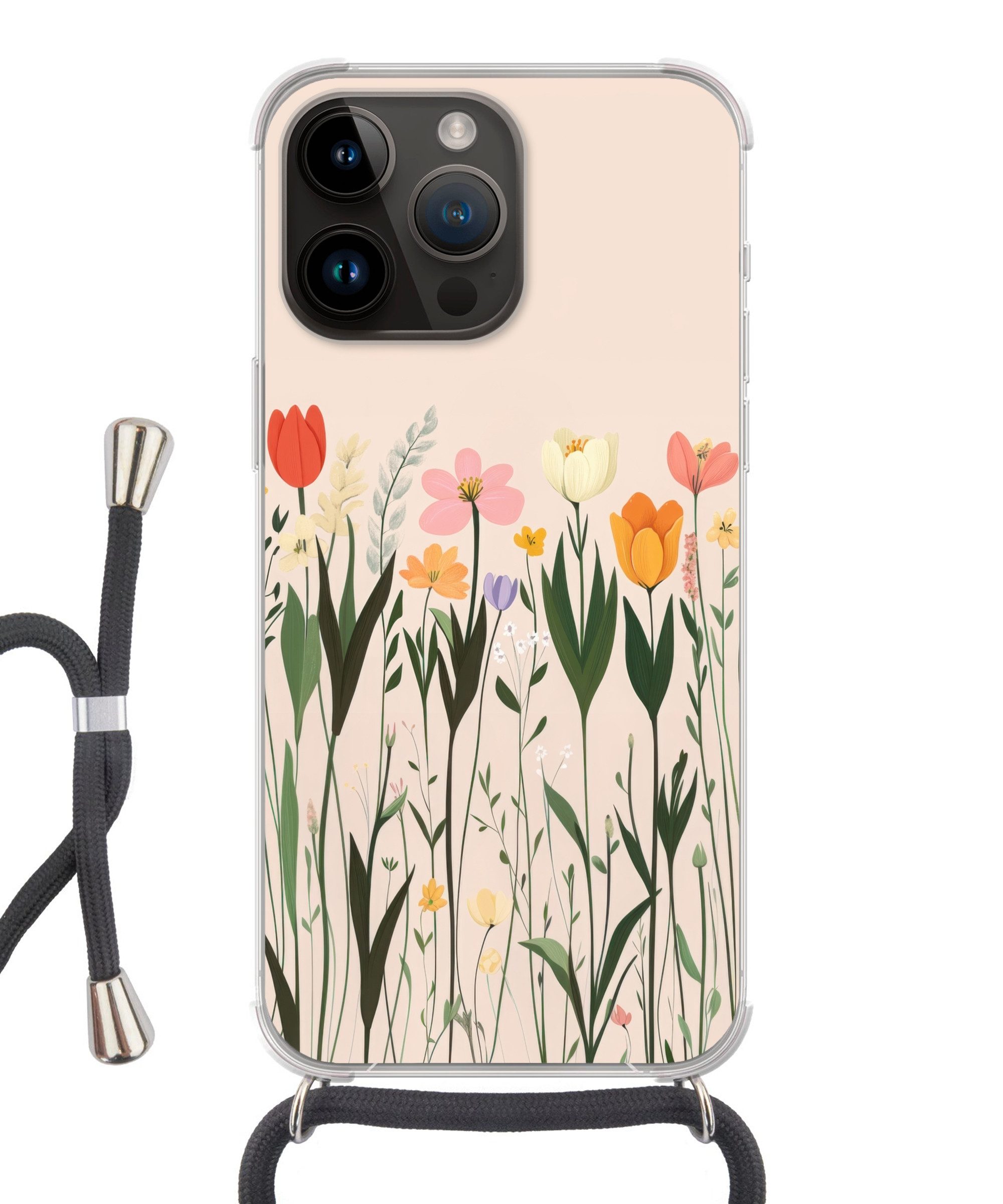 MuchoWow Handyhülle für Apple iPhone 14 Pro Pastelltöne - Blumen - Illustration, Tragbare Handyhüllen mit Kette zum umhängen, Handykette Handyband