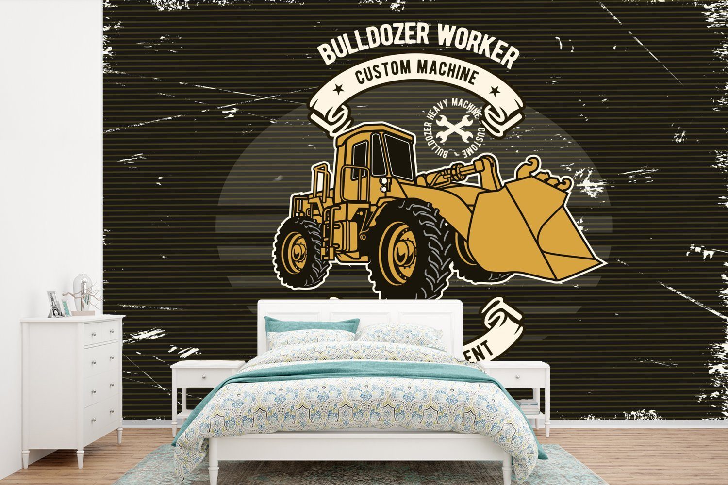 MuchoWow Fototapete Bulldozer - Vinyl (6 Vintage St), bedruckt, Wohnzimmer, - Wallpaper für Tapete Schlafzimmer, Angebot, Kinderzimmer, Matt