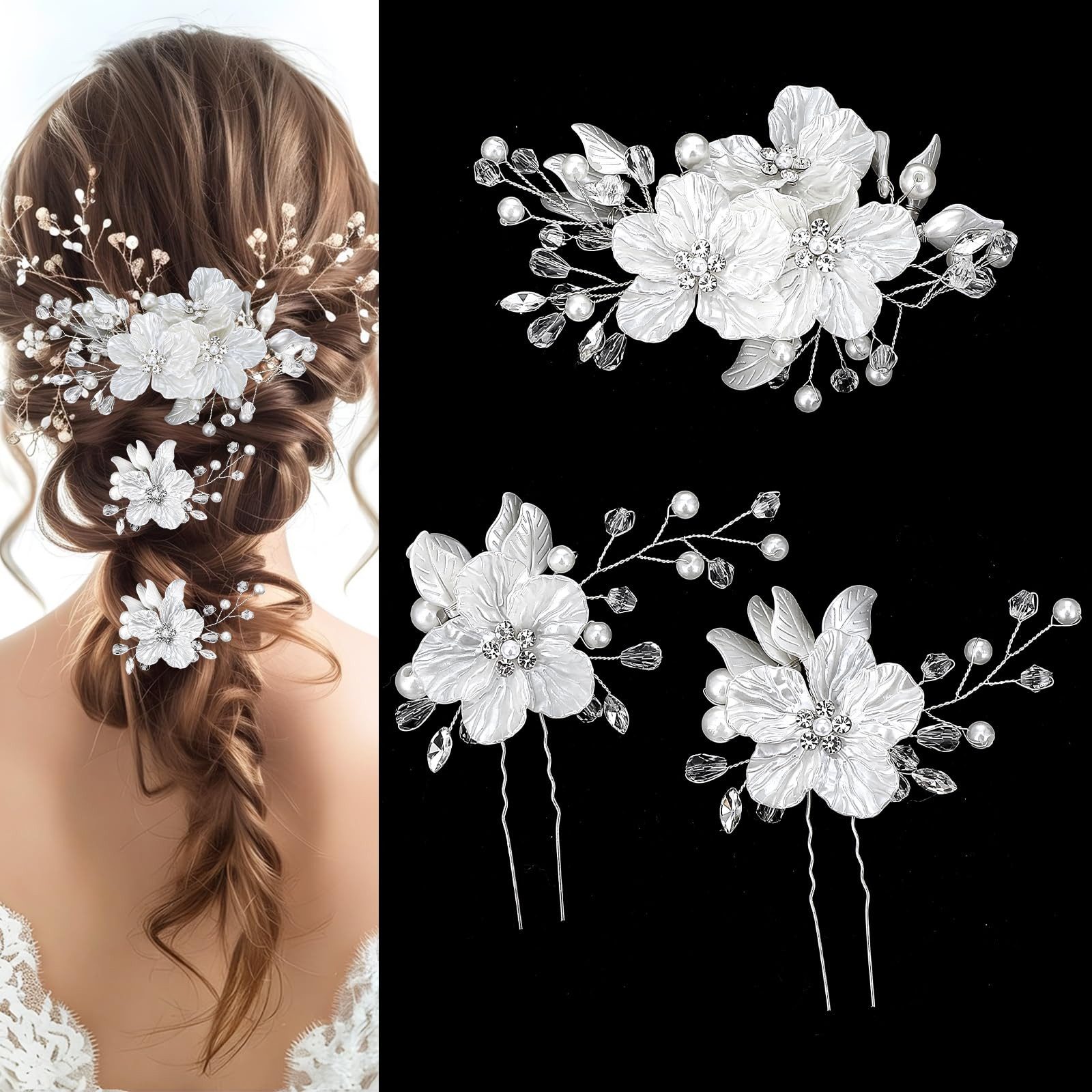 Bomiclss Haarspange 3er Set Braut Haarspangen mit Perlen & Strass – Blumen Haarclips, 3-tlg., für Hochzeit & Fest – Elegante Braut Haaraccessoires