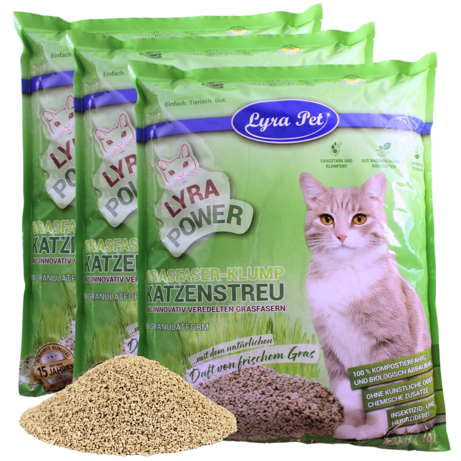 Lyra Pet Katzenstreu 3 x 10 Liter Lyra Pet® Lyra Power Grasfaser Katzenstreu klumpend, klumpend, staubarm