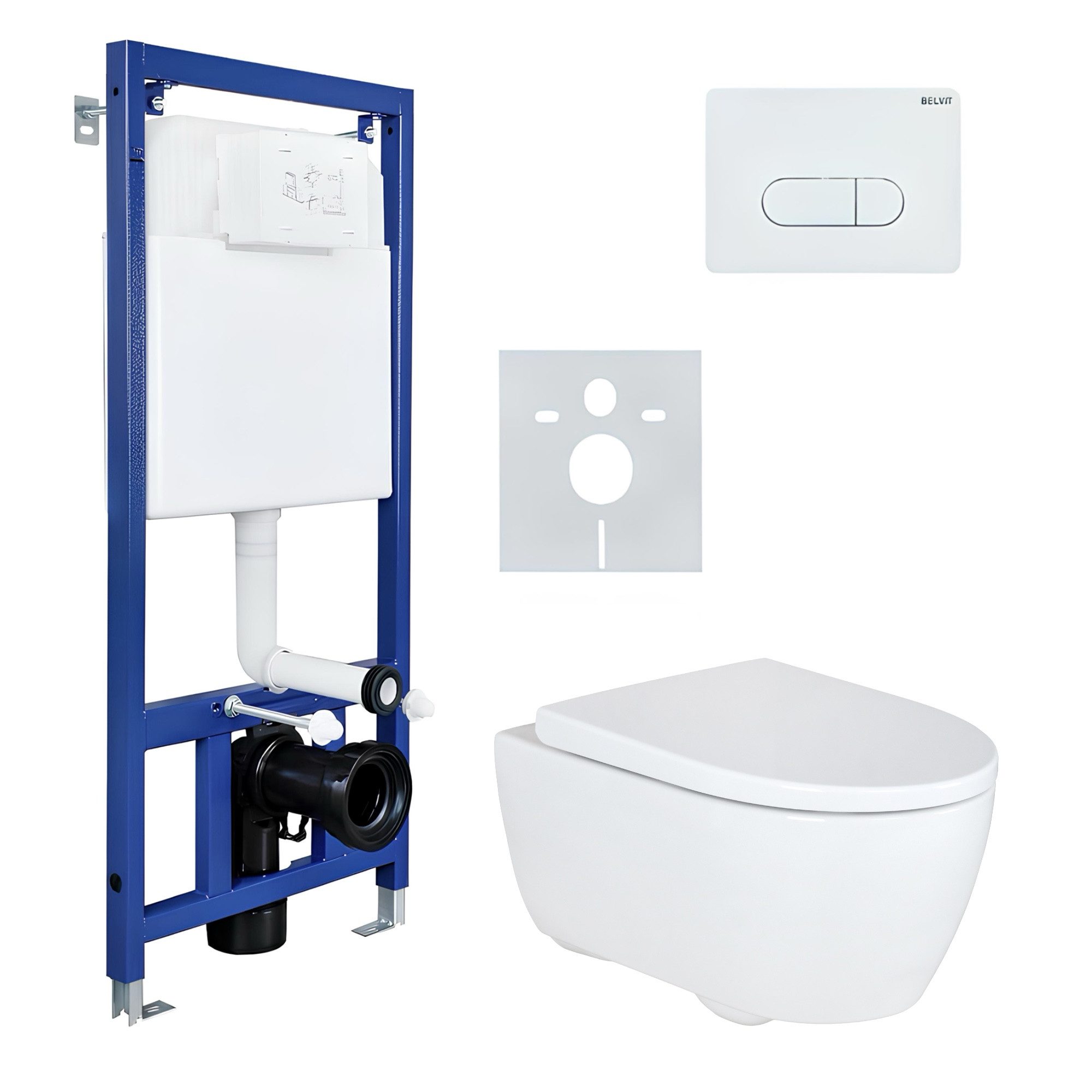 GEBERIT WC-Komplettset mit Duroplast Sitz, Betätigungsplatte, Rimfree WC & Schallschutz, Vorwandelement Belvit VR2001, mit QuickRelease & EasyMount