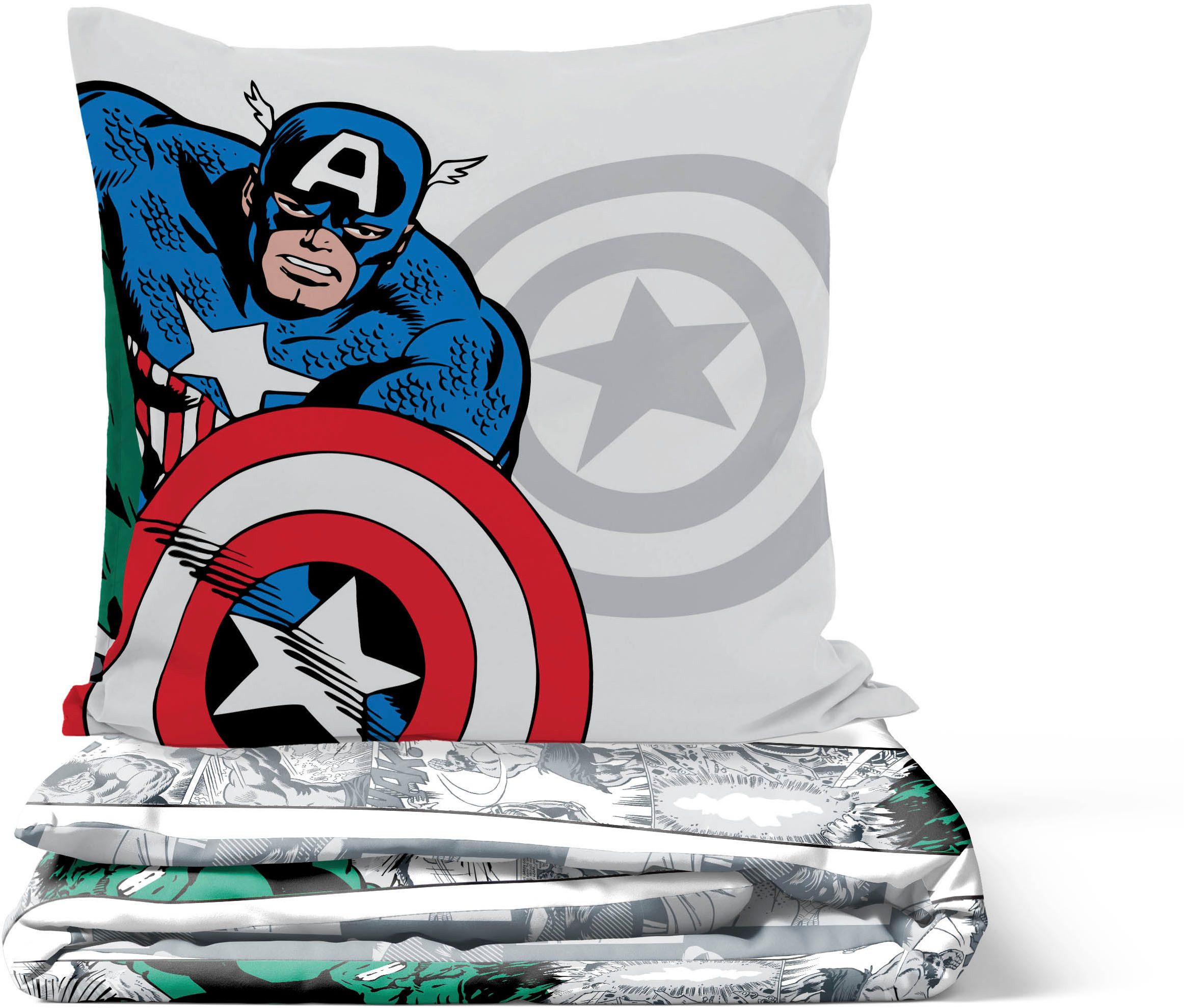 MARVEL Kinderbettwäsche Marvel Comics Bettbezug-Set 135x200 cm + Kissenbezug 80x80 cm, Washed Cotton, 2 teilig, 100 % Baumwolle, maschinenwaschbar, wendbar