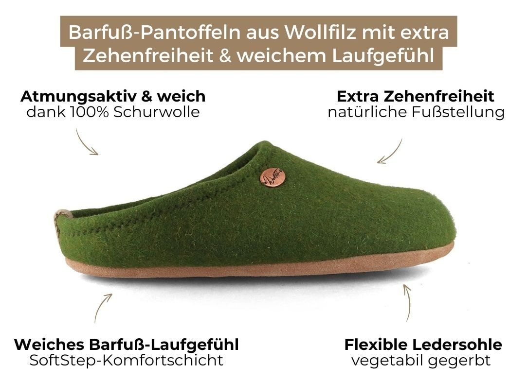 WoolFit Barefoot Filzpantoffeln mit extra Zehenfreiheit Hausschuh ideal für breite Füße