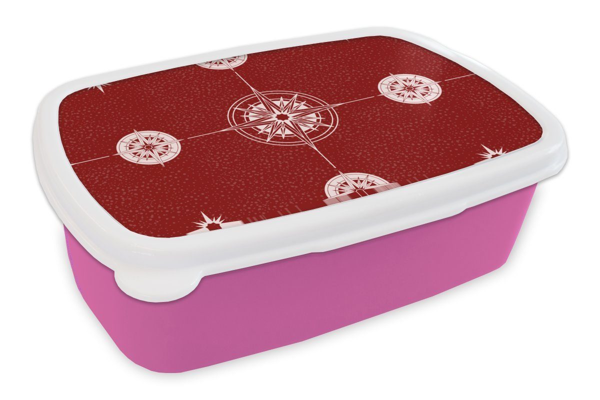 MuchoWow Lunchbox Kompass - Reisen - Muster, Kunststoff, (2-tlg), Brotbox für Erwachsene, Brotdose Kinder, Snackbox, Mädchen, Kunststoff rosa