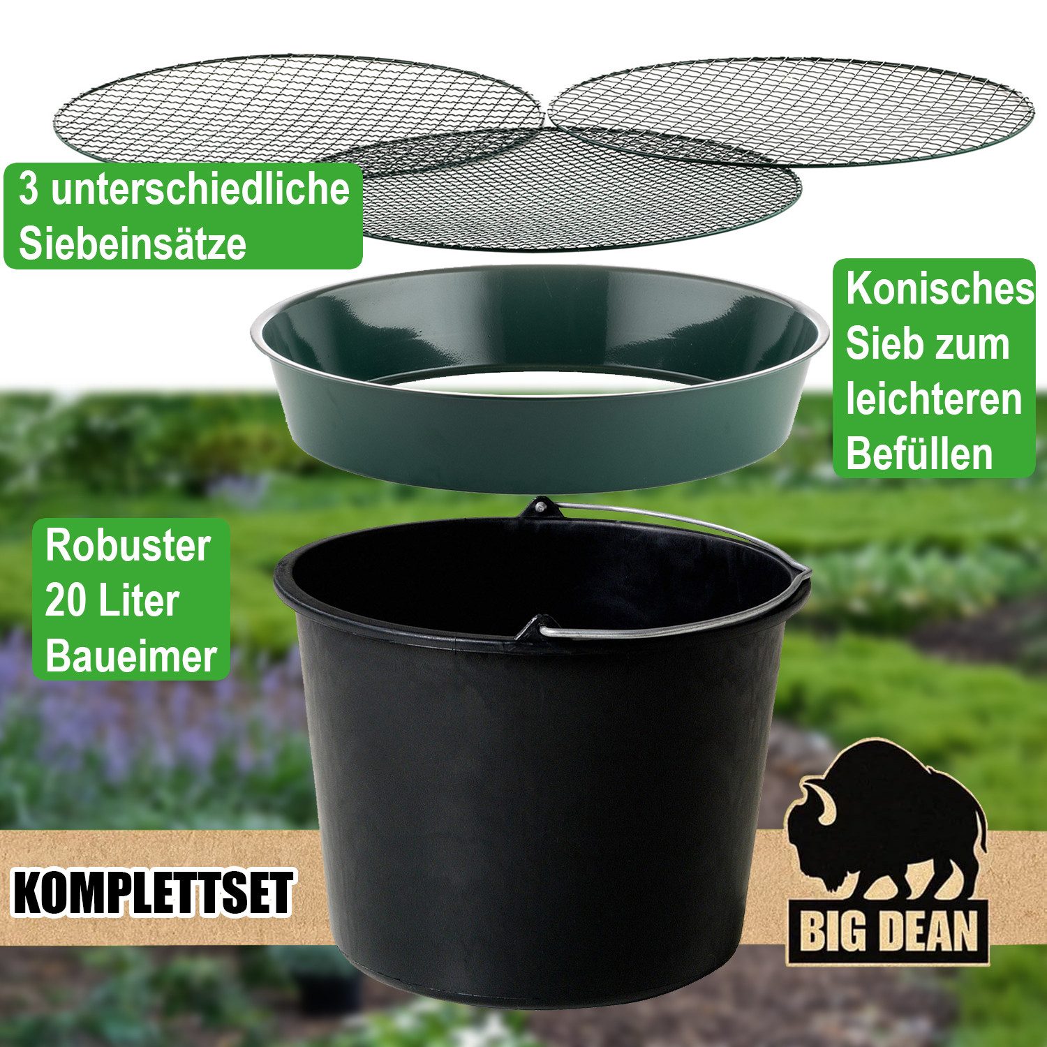 BigDean Gartensieb aus Metall mit 3 Maschenweiten 6,4 mm/9,5 mm/12,7 mm - Erdsieb, Kunststoff, Metall, (Packung, 1-St., Gartensieb), Robustes Metall, Vielseitig Einsetzbar