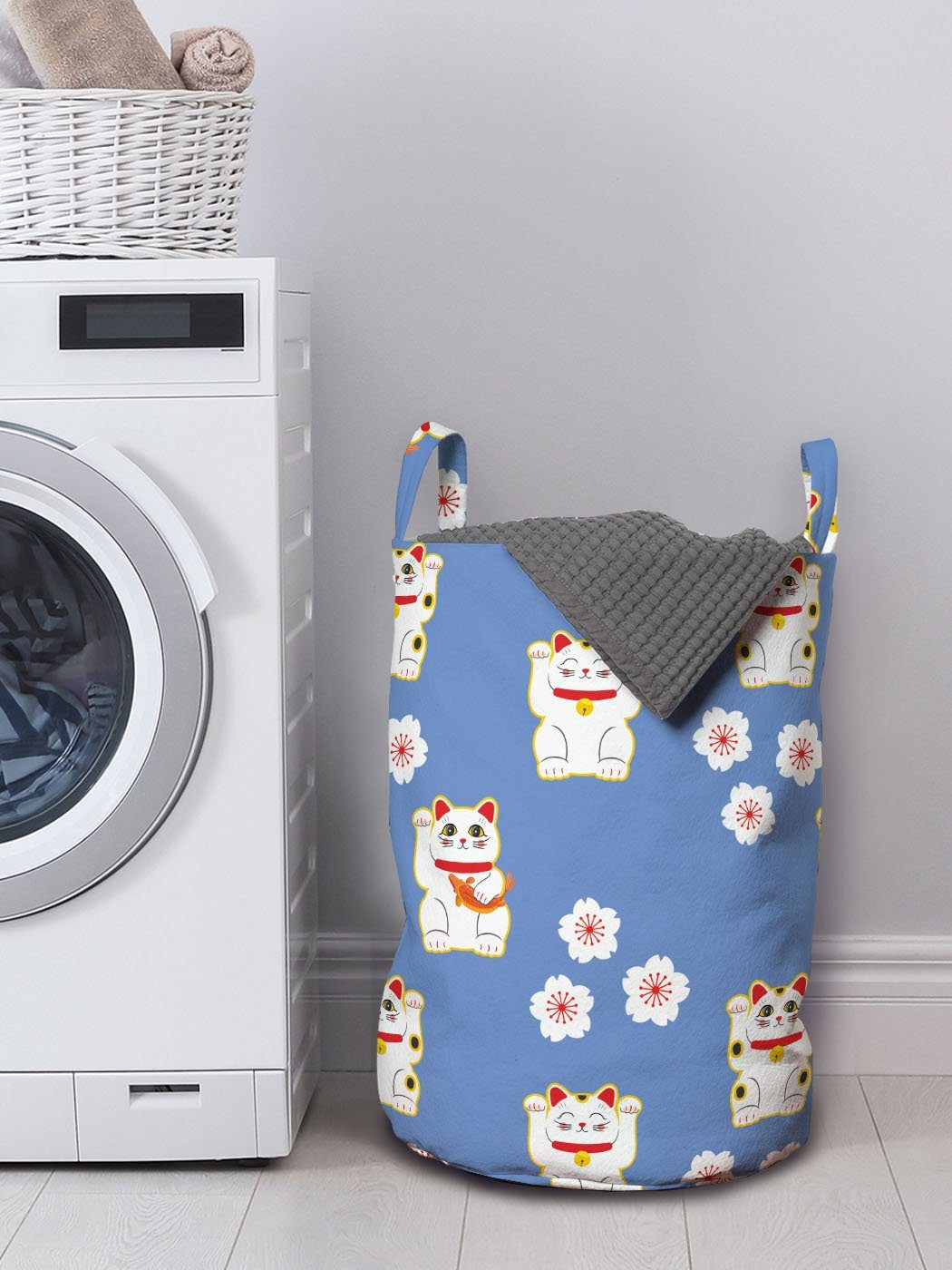 Wäschekorb mit Süße Waschsalons, Wäschesäckchen Griffen Neko-Katzen-Muster Kordelzugverschluss Maneki Abakuhaus Katze für