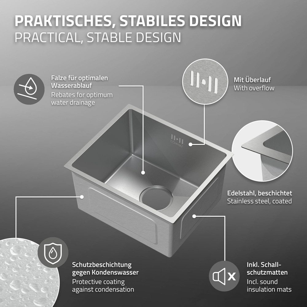 ML-DESIGN Küchenspüle Spülbecken aus Edelstahl, mit Ab- und Überlaufgarnitur & Siphon, 40/34 cm, Silber Einzelbecken Waschbecken Küche Spüle Edelstahlspüle – Bild 3 von 5