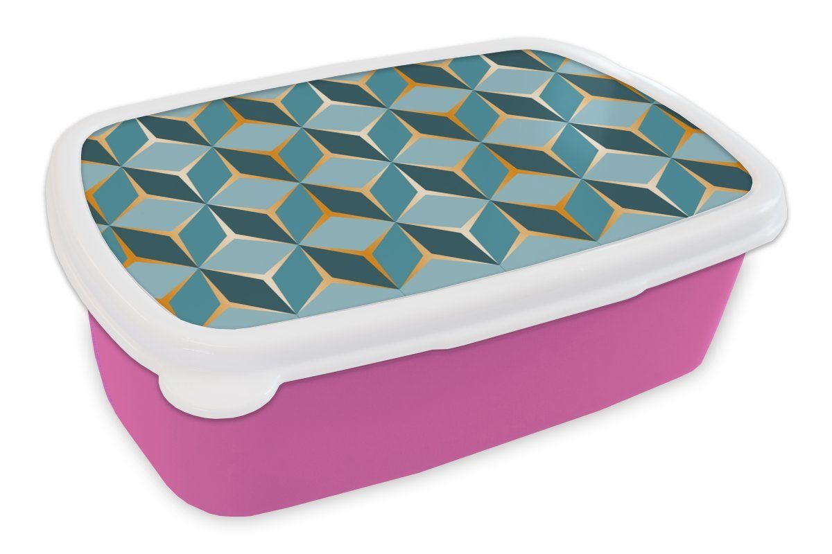 MuchoWow Lunchbox Gold - Blau - Muster, Kunststoff, (2-tlg), Brotbox für Erwachsene, Brotdose Kinder, Snackbox, Mädchen, Kunststoff rosa
