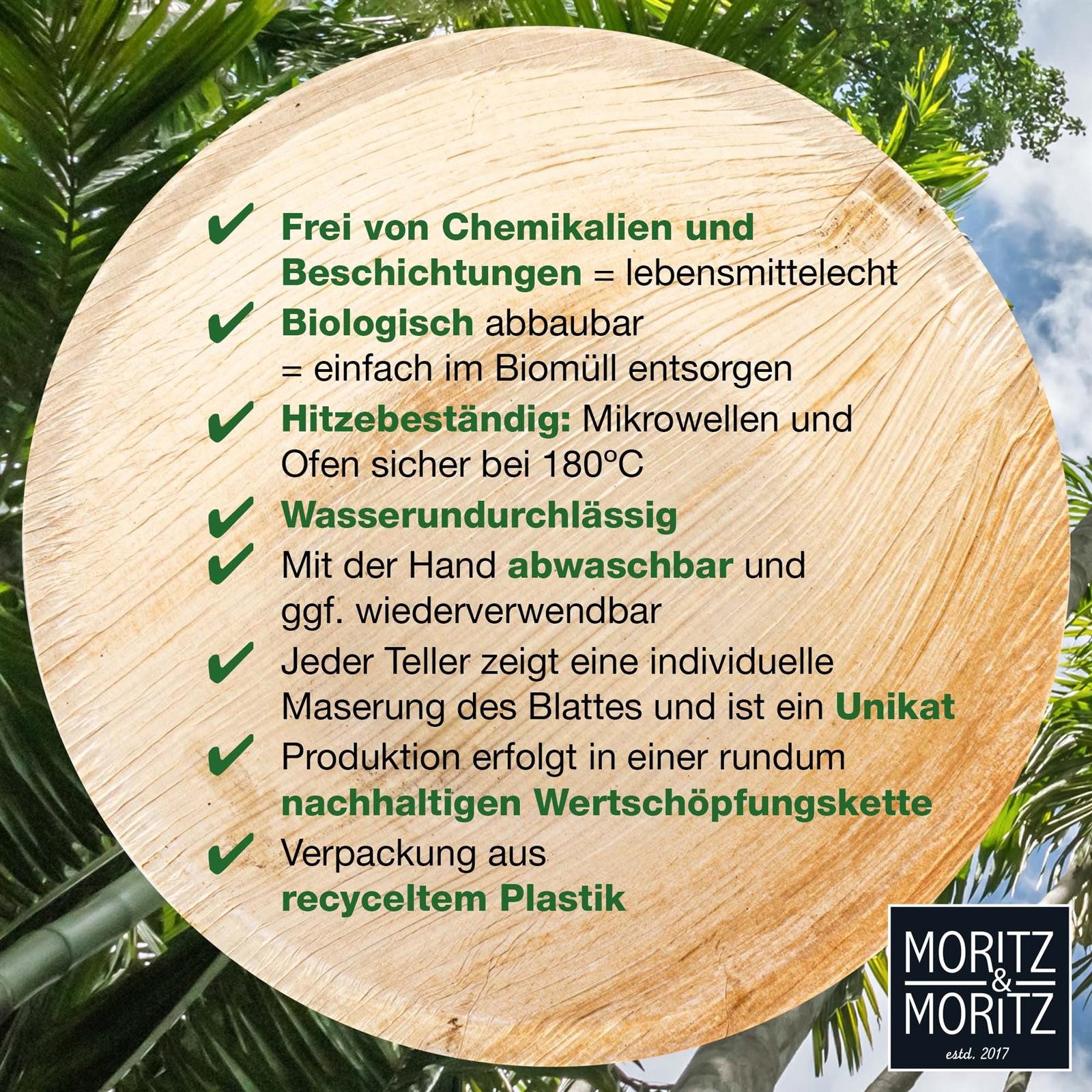 Moritz & Moritz Einweggeschirr-Set Moritz & Moritz 25x Palmblatt Schüssel Rund 15cm (25-tlg), 25 Personen, Palmblatt, Birkenholz, 25x25cm