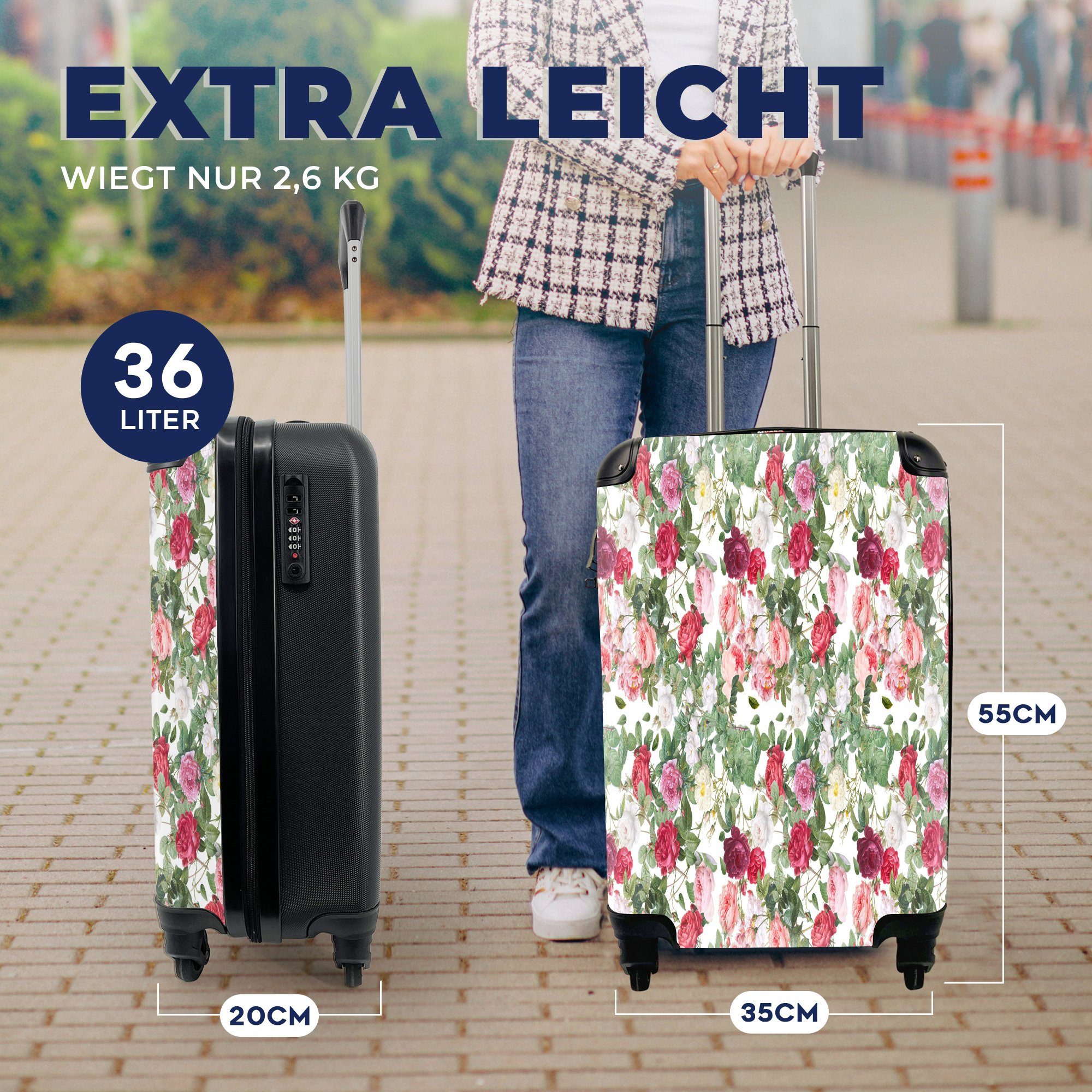 MuchoWow Handgepäckkoffer Pfingstrose - Blumen Rollen, mit Reisekoffer Rosen, für - Handgepäck Ferien, Trolley, Farben - 4 rollen, Reisetasche