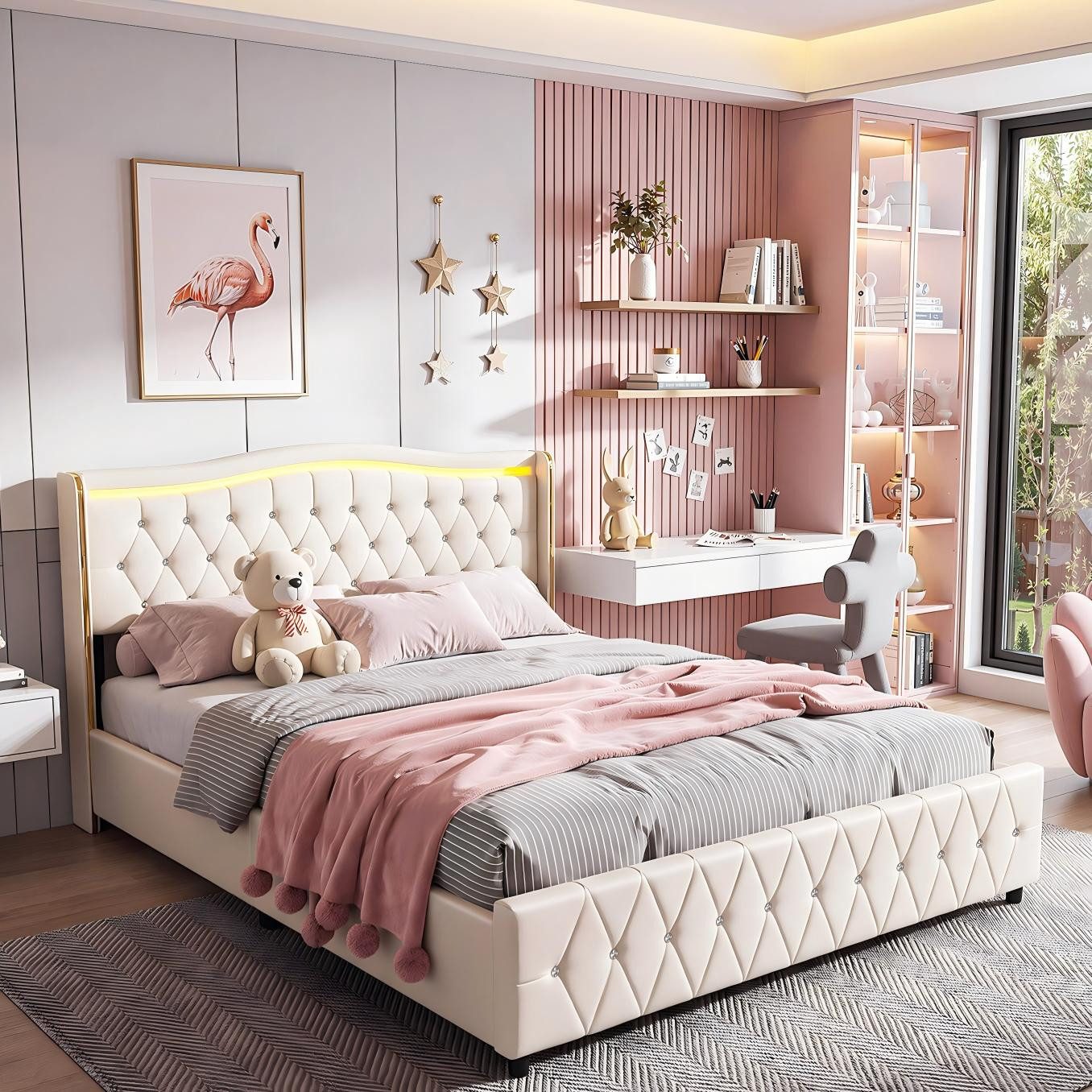 oyajia Polsterbett LED Doppelbett Stauraumbett mit Kopfteil und 4 Schubladen (Mit Lattenrost und Ladefunktion, PU-Leder materia Polsterbett), mit Komforthöhe, Leises Design Bett