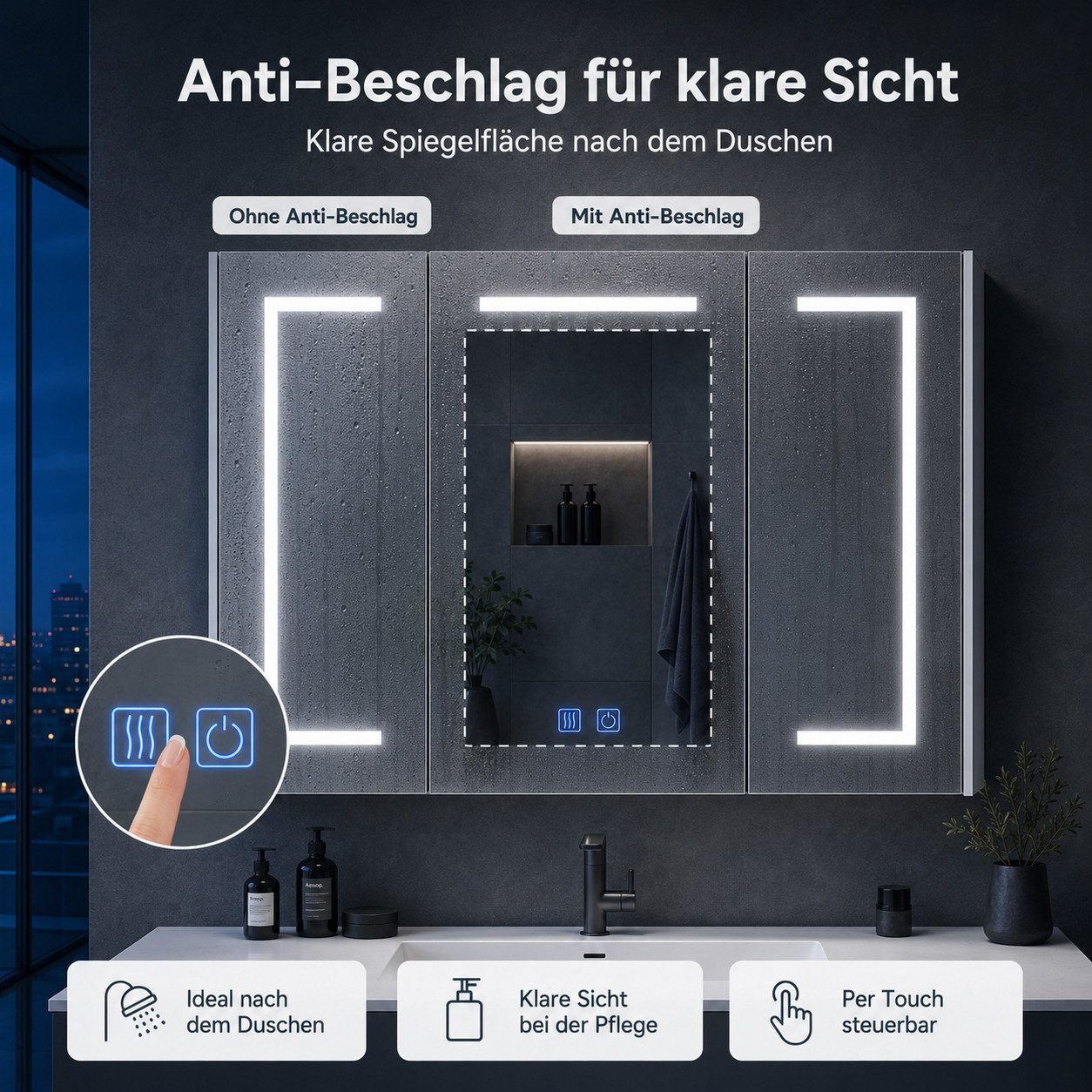 Simurq Badezimmerspiegelschrank LED-Spiegelschrank 100 × 60 cm, 3-türig, 3 Lichtfarben, Anti-Beschlag (Einzelartikel, 1-St., 1 Spiegelschrank) 3 Lichtfarben, Ti – Bild 4 von 5