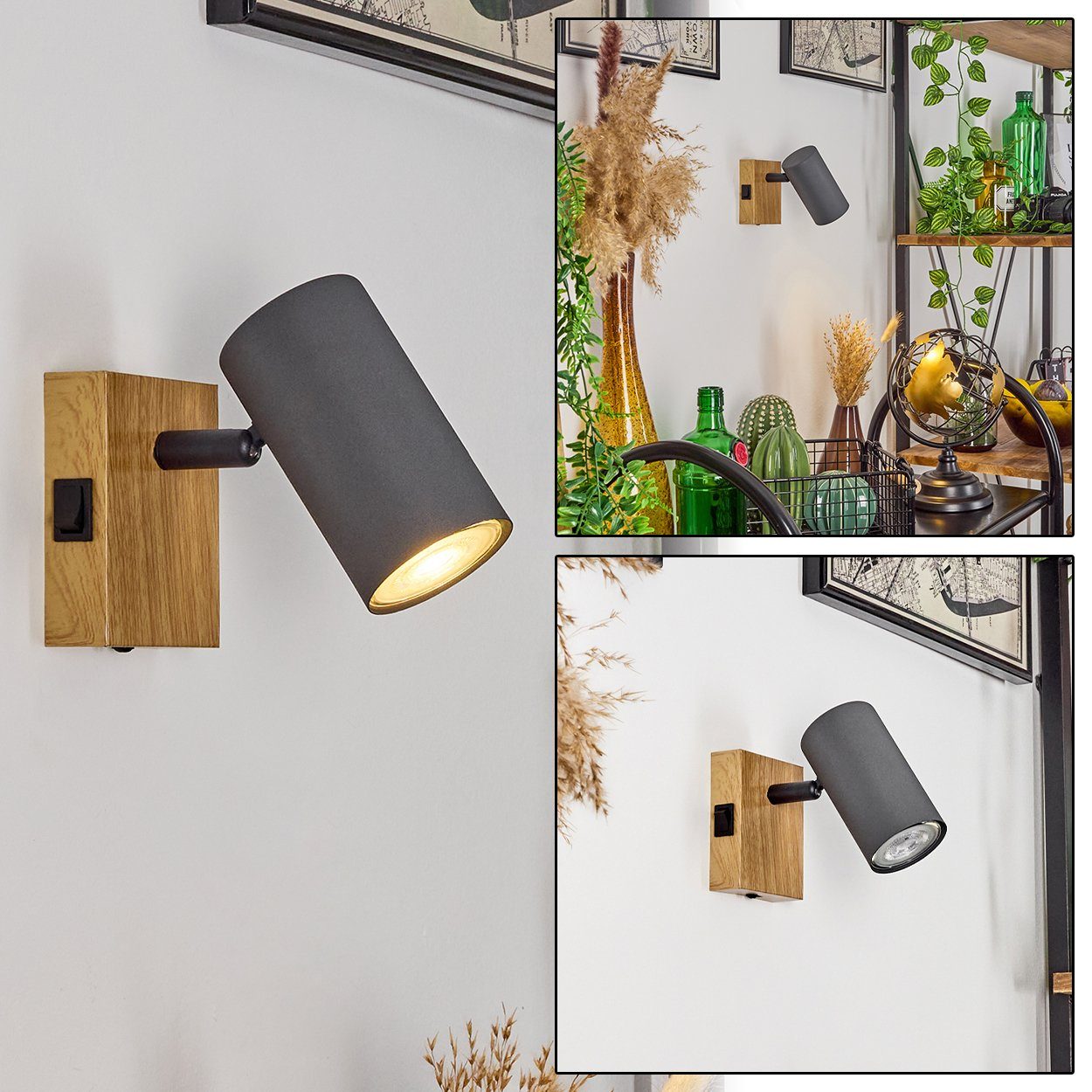 Wandlampe ohne Leuchtmittel, Holzoptik/Schwarz/Anthrazit, Strahlern aus m. »Gambellara« verstellbaren in GU10 u. Metall hofstein Wandspot An-/Ausschalter, Wandleuchte