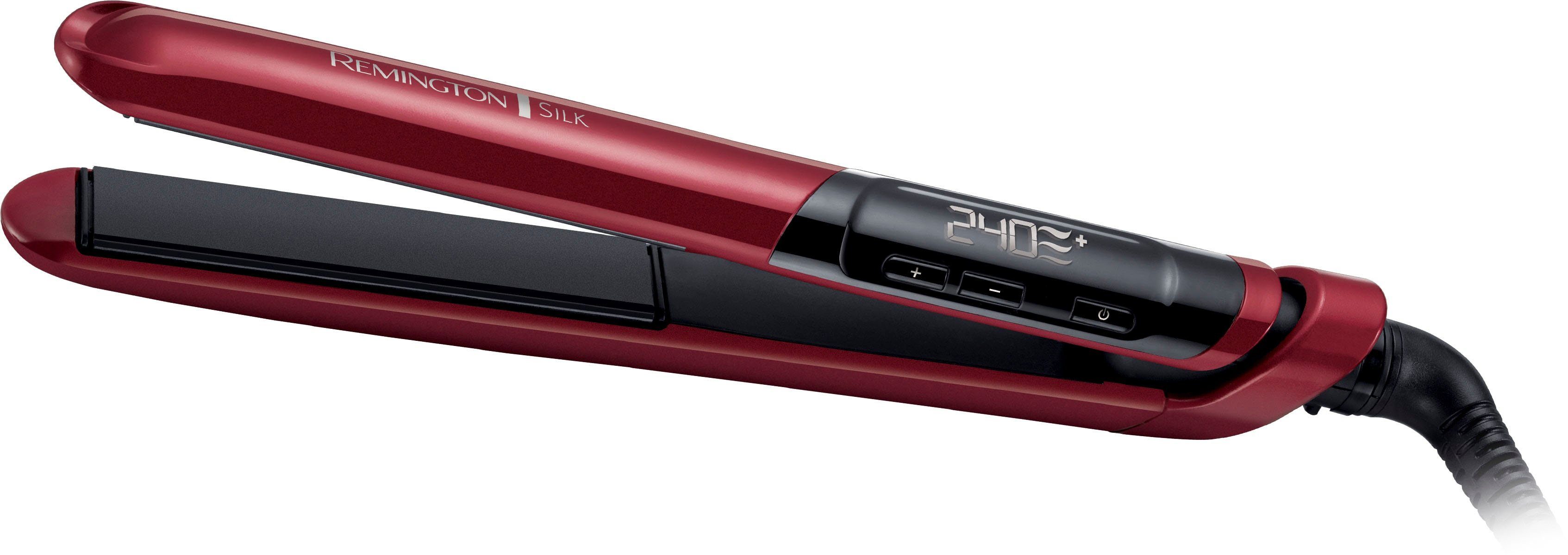 Remington Glätteisen Silk, S9600, Haarglätter Doppelschicht-Keramik-Beschichtung, mit Seidenproteinen für Locken, Wellen & zum Glätten rot|schwarz