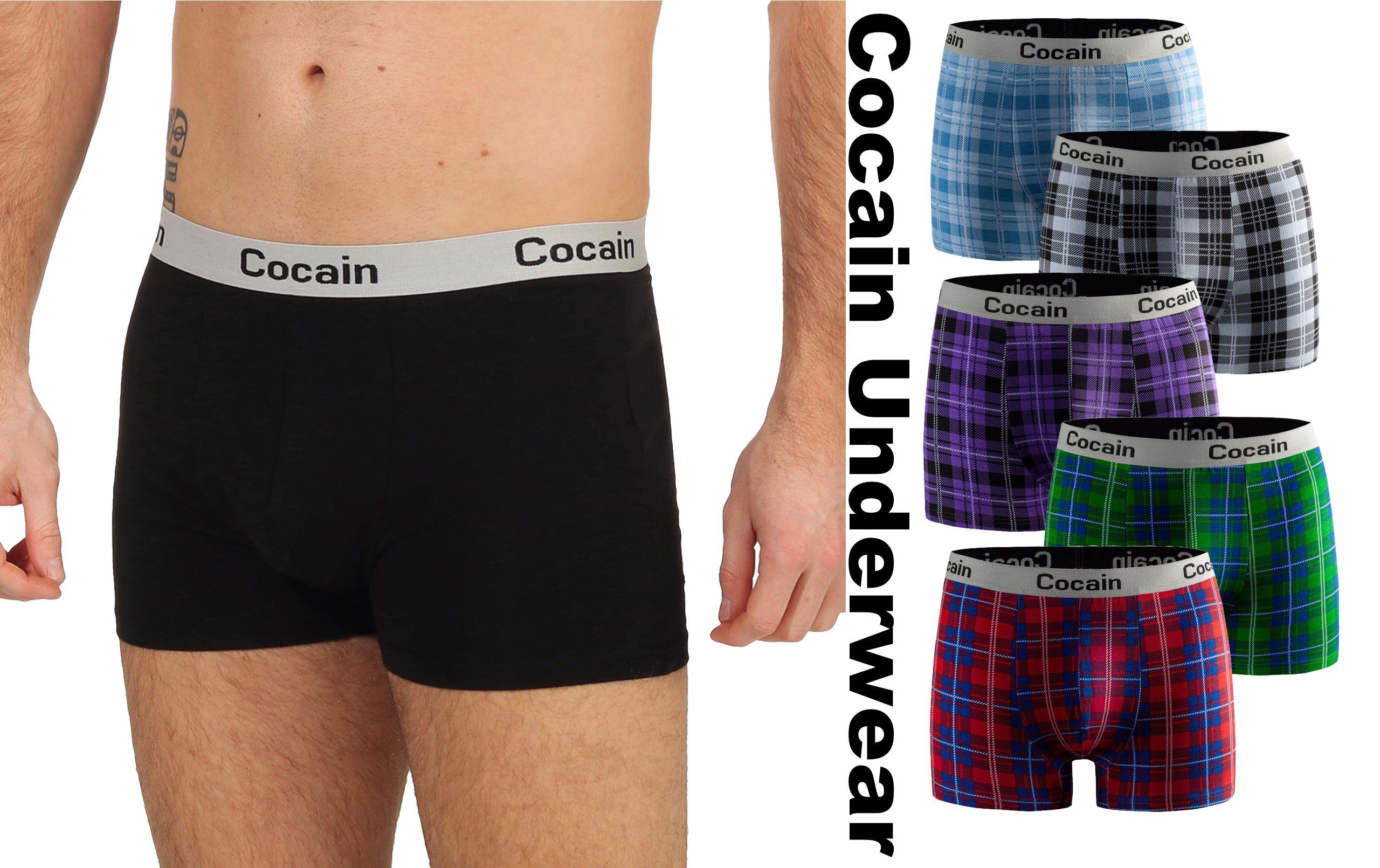 Cocain underwear Boxershorts 5 Bunte Herren Boxer Baumwolle anliegende Pants Unterhose Boxershort (Spar-Set, 5-St) Spitzenqualität aus Europa