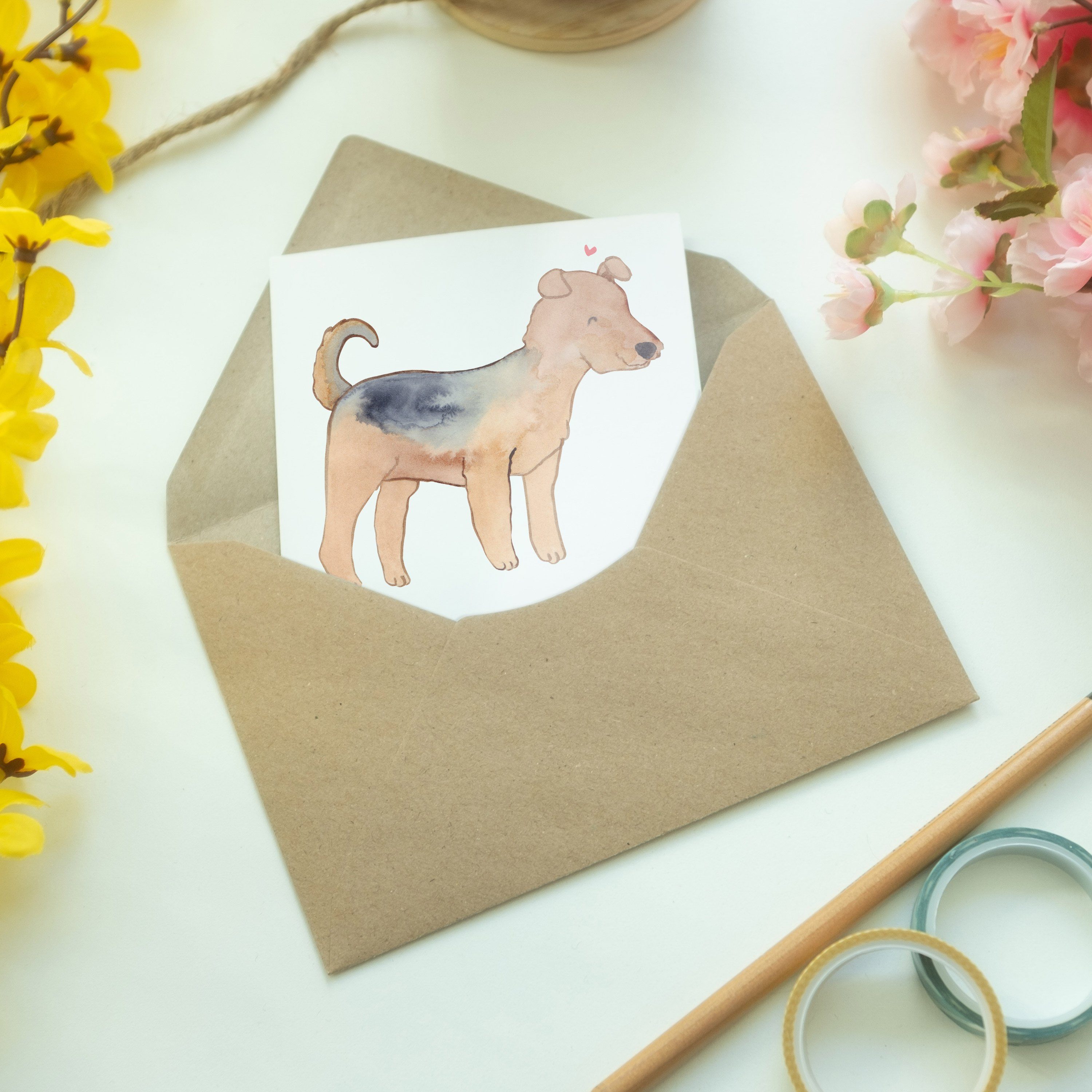Mr. & Mrs. Panda Ti Geburtstagskarte, Geschenk, Grußkarte Weiß - Airedale Lebensretter Terrier 