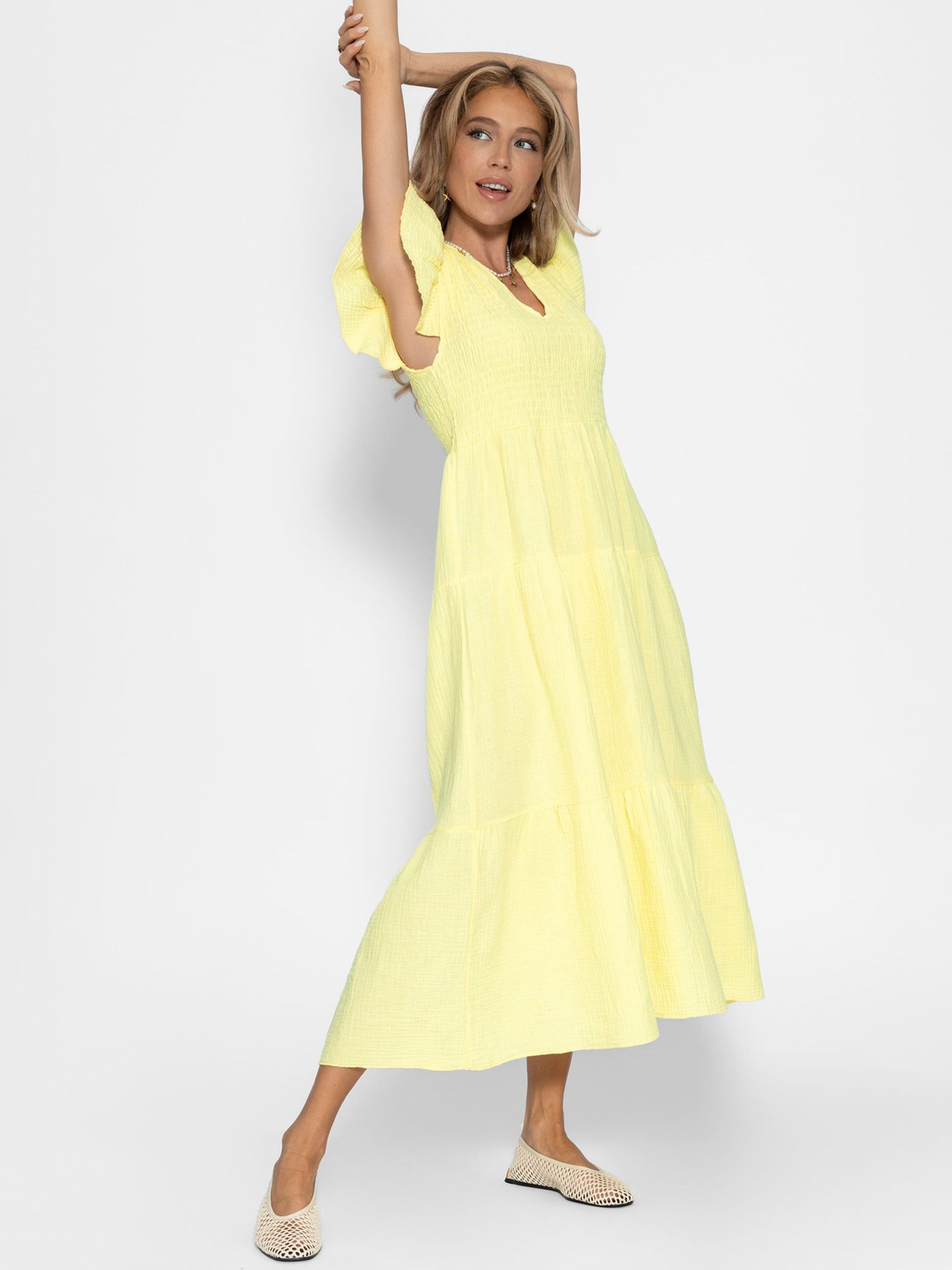 SASSYCLASSY Minikleid Maxikleid mit Volants für Damen Sommerliches Kleid aus Musselin mit Flügelärmel Gelb Schwarz Pink