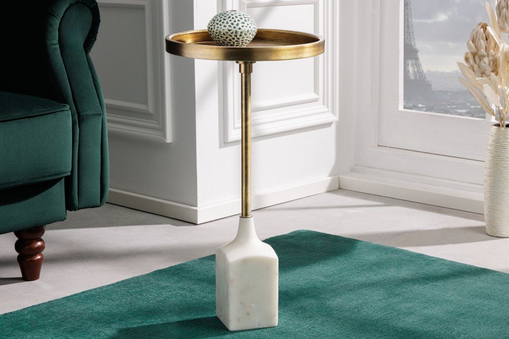 riess-ambiente Beistelltisch TRAYFUL 60cm antik gold / weiß (Einzelartikel, 1-St), Wohnzimmer · Marmor · Metall · rund · Handarbeit · Modern Design