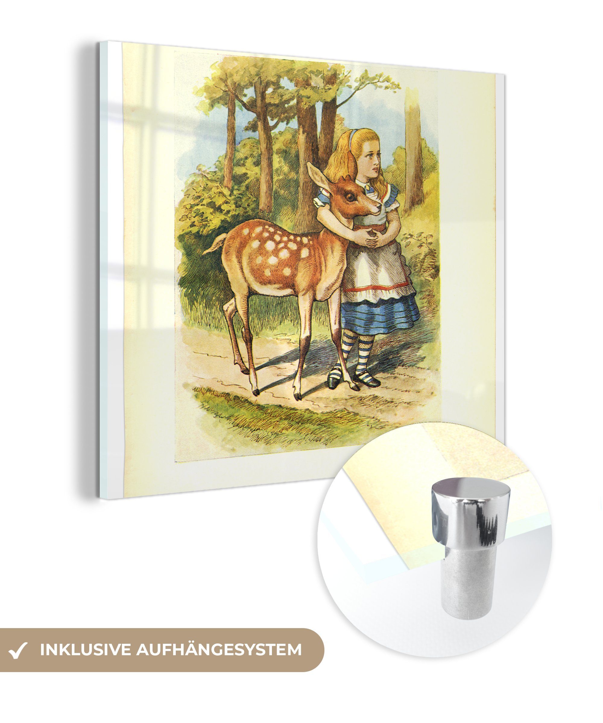 MuchoWow Acrylglasbild Vintage-Illustration Alice mit den Hirschen, (1 St), Glasbilder - Bilder auf Glas Wandbild - Foto auf Glas - Wanddekoration