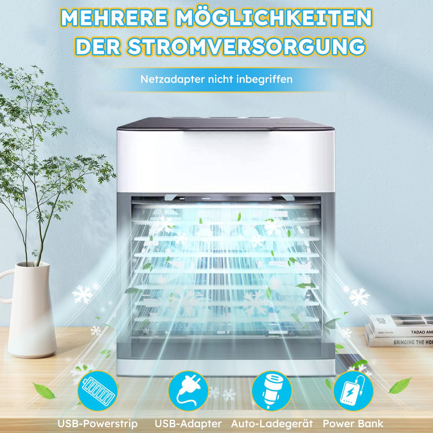 MOPUEA Ventilatorkombigerät Luftkühler/Befeuchter/Ventilator Smart 4-in-1, Innovativer wassergekühlter Sprühklimaventilator