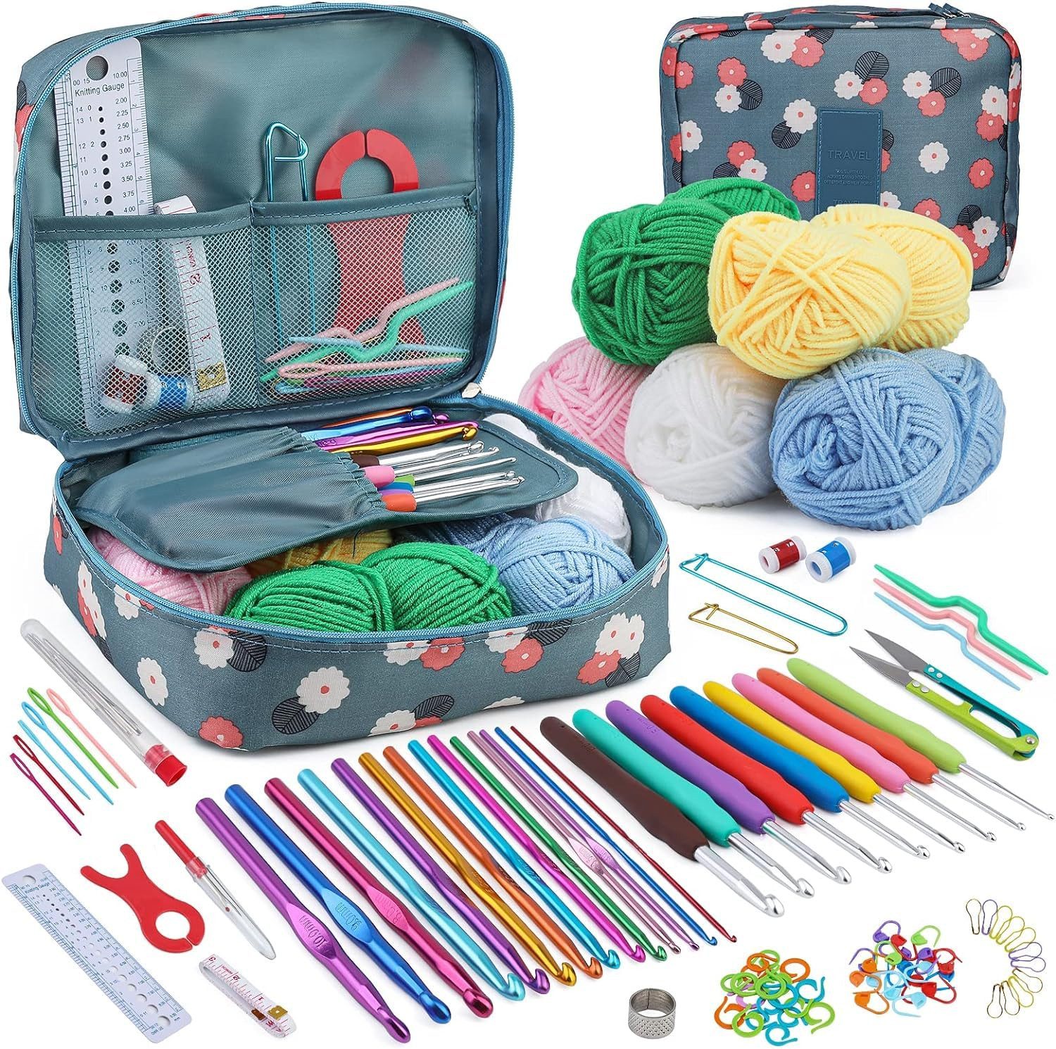 RWEUOQ Häkelnadeln Häkelnadel Set mit Garn und Strickzubehör 107-teilig inklusive Tasche, ergonomische Nadeln mit weichem Gummigriff, Aufbewahrungstasche mit mehreren Fächern für Reisen und unterwegs, Ideal für Anfänger oder Häkelfans