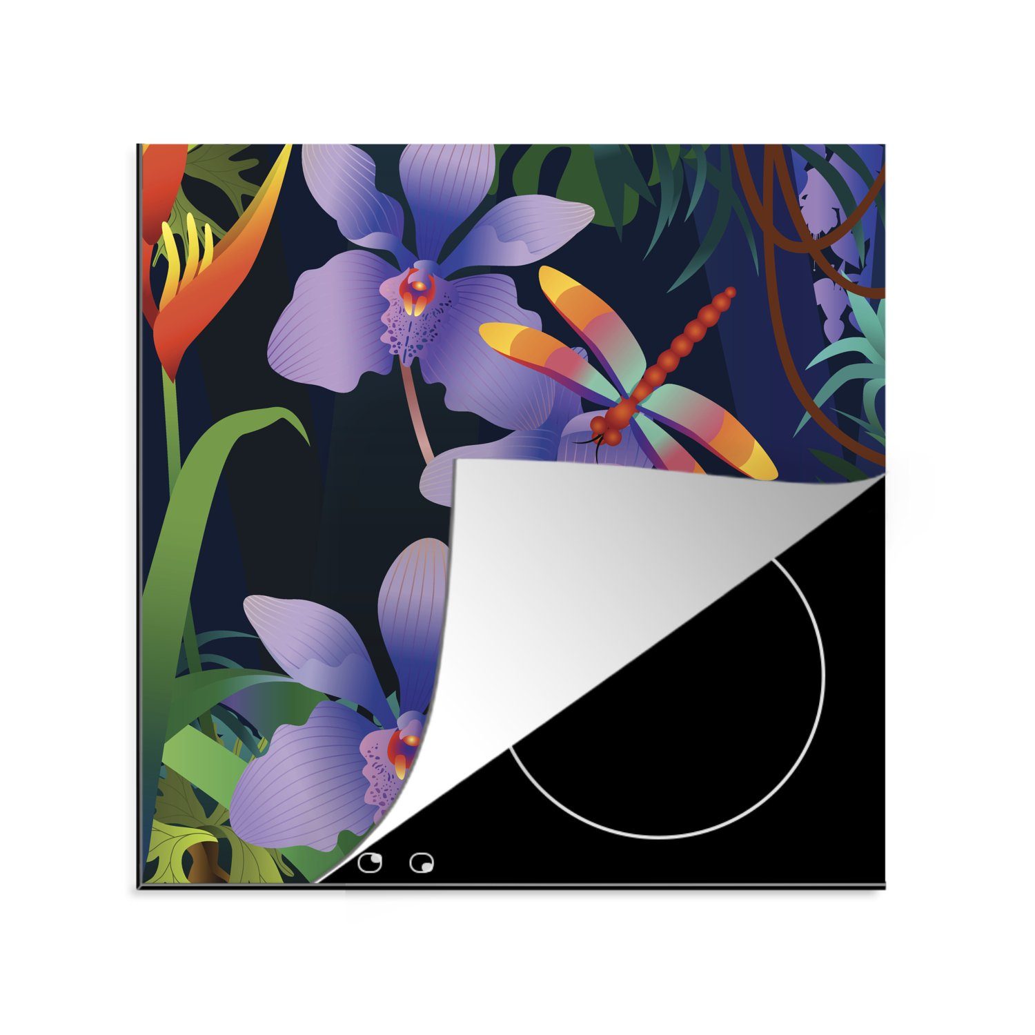 einer mit für Vinyl, Orchidee, (1 des küche MuchoWow cm, Vektor-Illustration 78x78 Ceranfeldabdeckung, Arbeitsplatte Regenwaldes tlg), lila Herdblende-/Abdeckplatte Eine