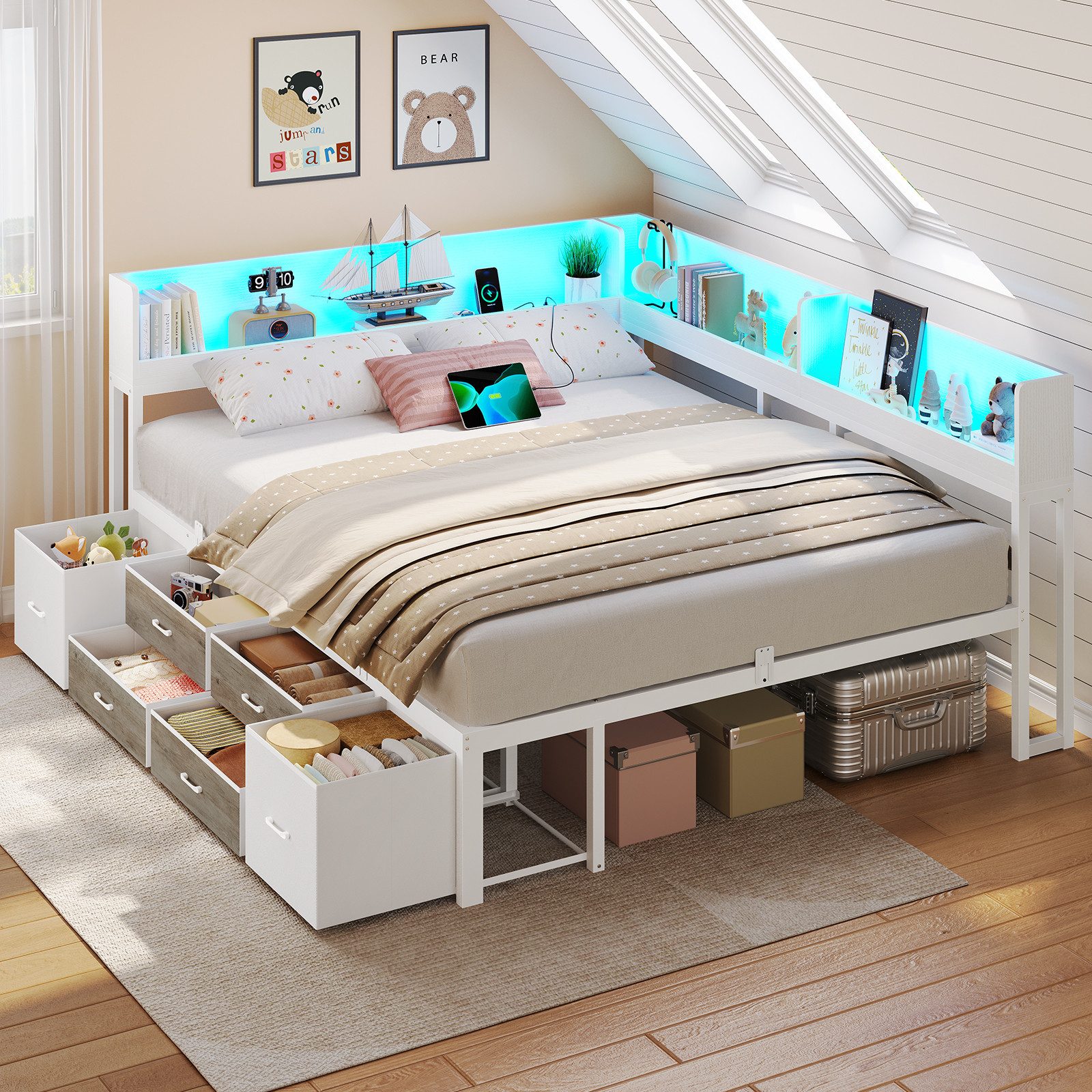 MSMASK Daybett Schlafsofa mit LED-Beleuchtung & Ladestation, Jugendbett Kinderbett, mit Integriertem Bücherregal & 6 Schubladen, 140x200cm